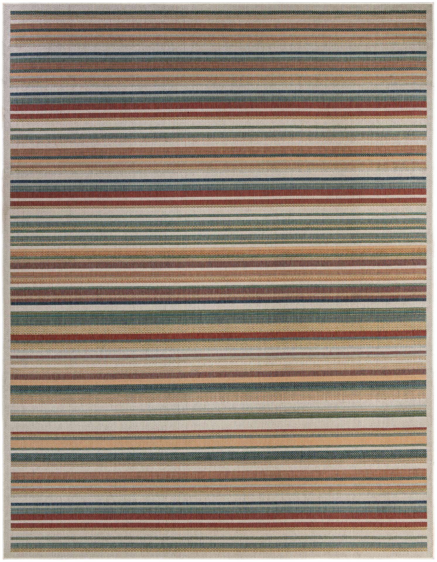 A 10x13 rectangular Baja Outdoor rug featuring a modern multi-colored stripe pattern with thin, flatweave texture.