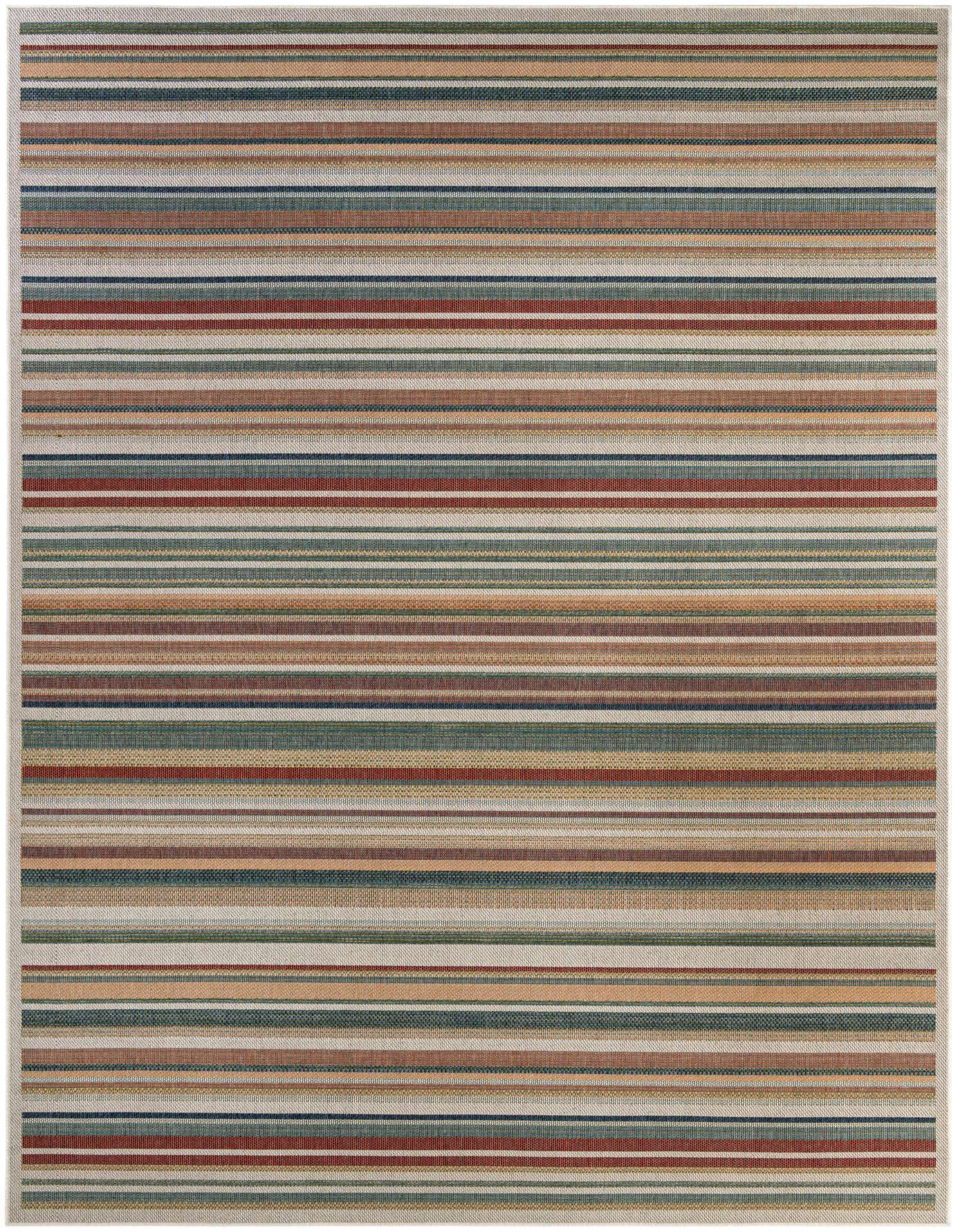 A 10x14 rectangular multi-colored modern stripe rug, suitable for indoor or outdoor use on a patio.