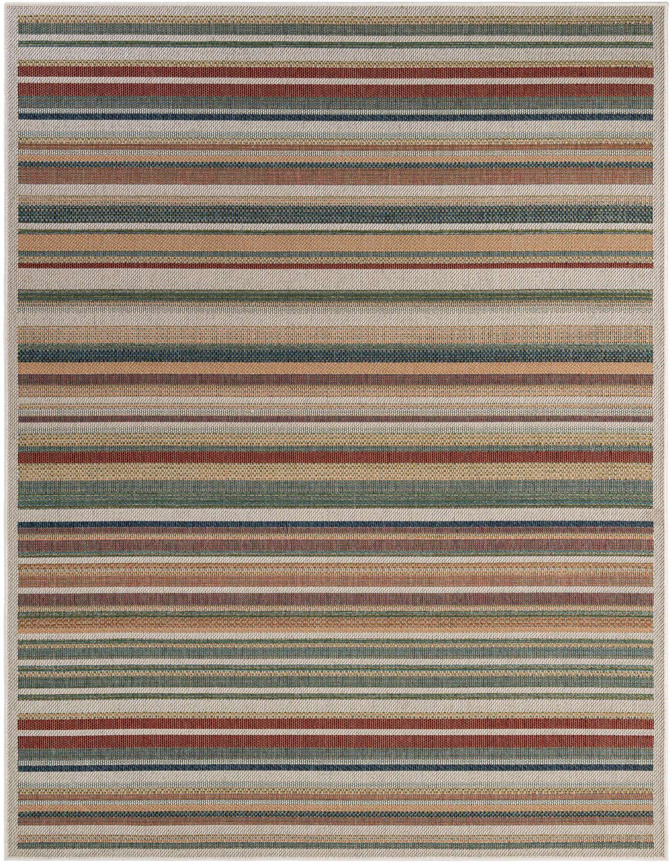 A 7x10 rectangular multi-colored striped flatweave rug, featuring thin bands of blue, red, green, and tan, suitable for indoor or outdoor spaces.