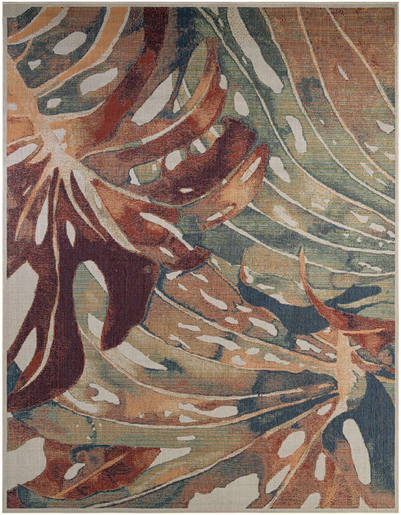 A 10x14 multi-colored rectangular rug featuring a modern botanical pattern with large monstera leaves in shades of rust, teal, and beige.