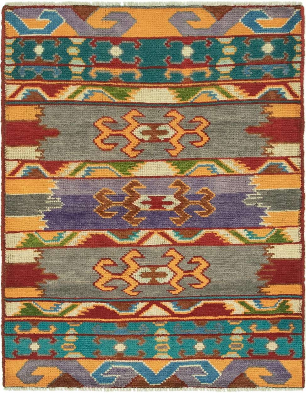 A 3x4 rectangular Balouch rug featuring a vibrant Southwestern tribal pattern with multi-colored stripes and geometric motifs.