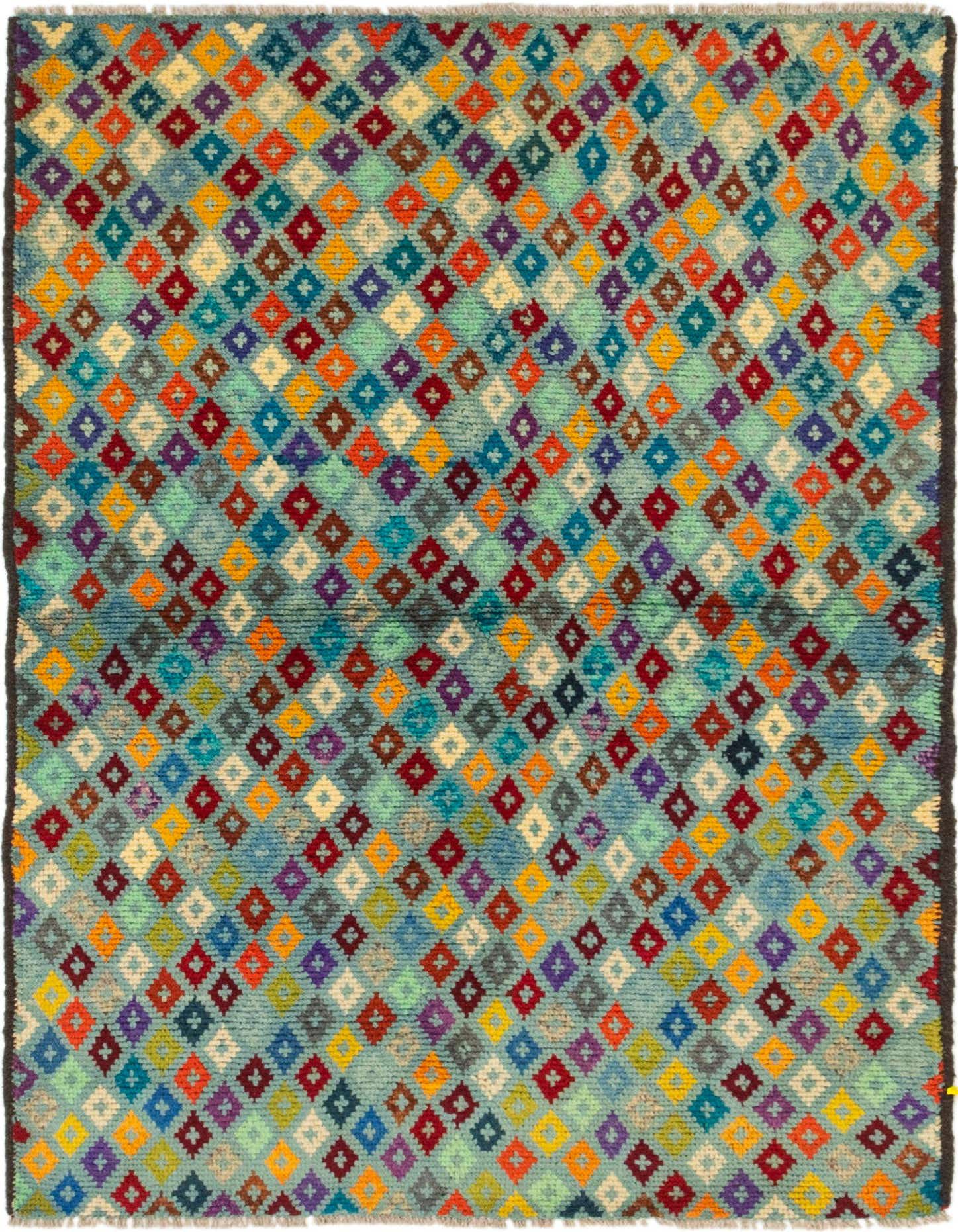 A 3x5 rectangular Balouch rug featuring a vibrant multi-colored diamond pattern on a light blue background, ideal for a kitchen or entryway.