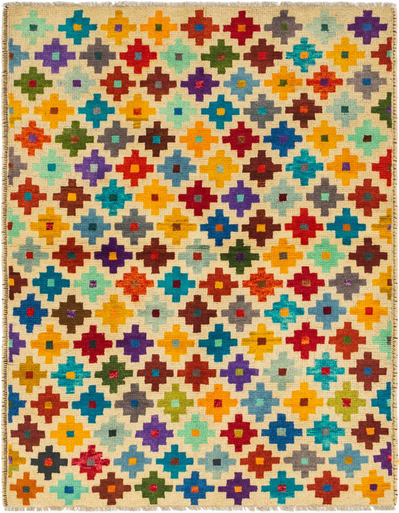 A 3x5 rectangular Balouch rug with a vibrant multi-colored tribal geometric pattern on a light background.