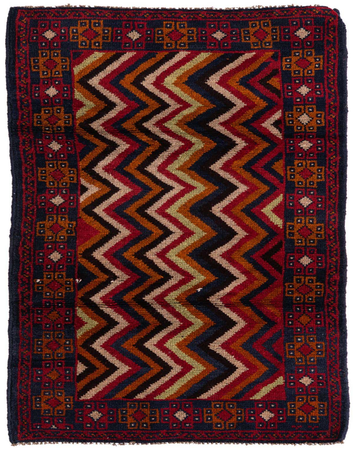 A 3x5 rectangular Balouch rug featuring a multi-colored zigzag pattern with a traditional border, suitable for an entryway.