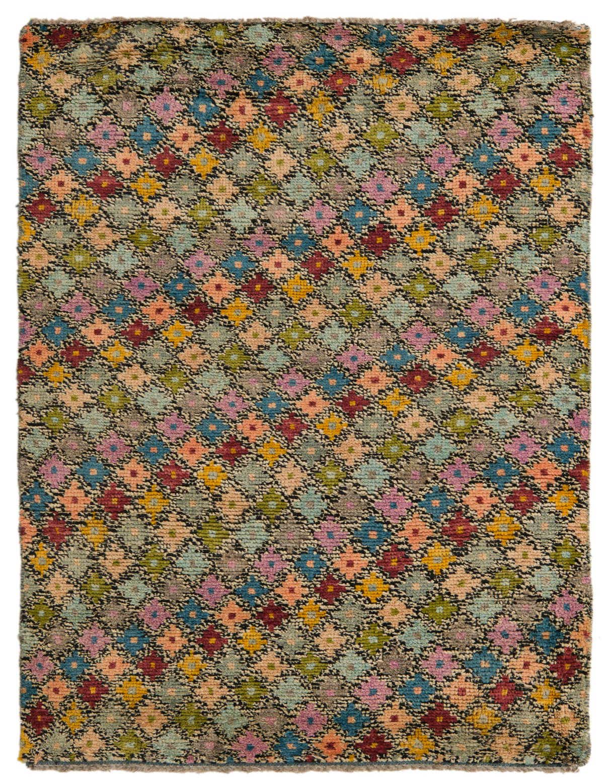 A 3x5 rectangular Balouch rug with a multi-colored tribal pattern of small squares in blue, pink, green, yellow, and red on a dark background.