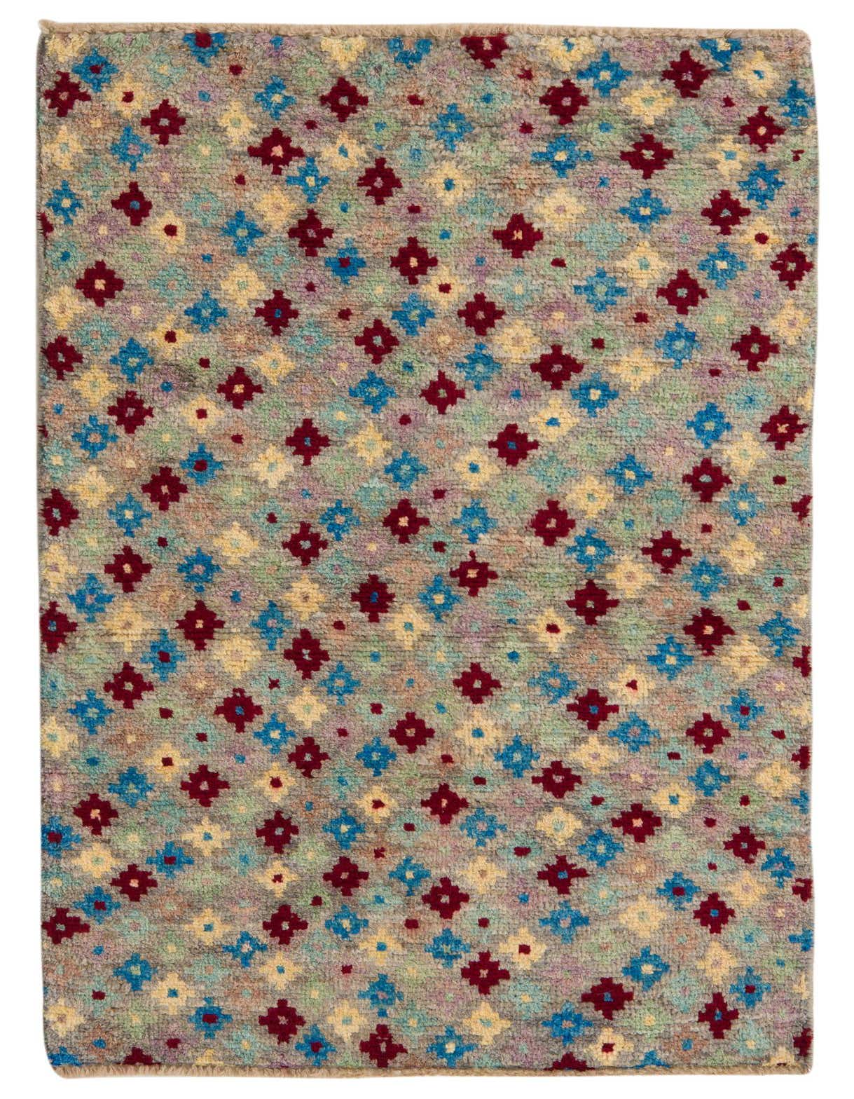 A 3x5 rectangular Balouch wool rug featuring a multi-colored tribal pattern with red, blue, and yellow diamond motifs on a light background.