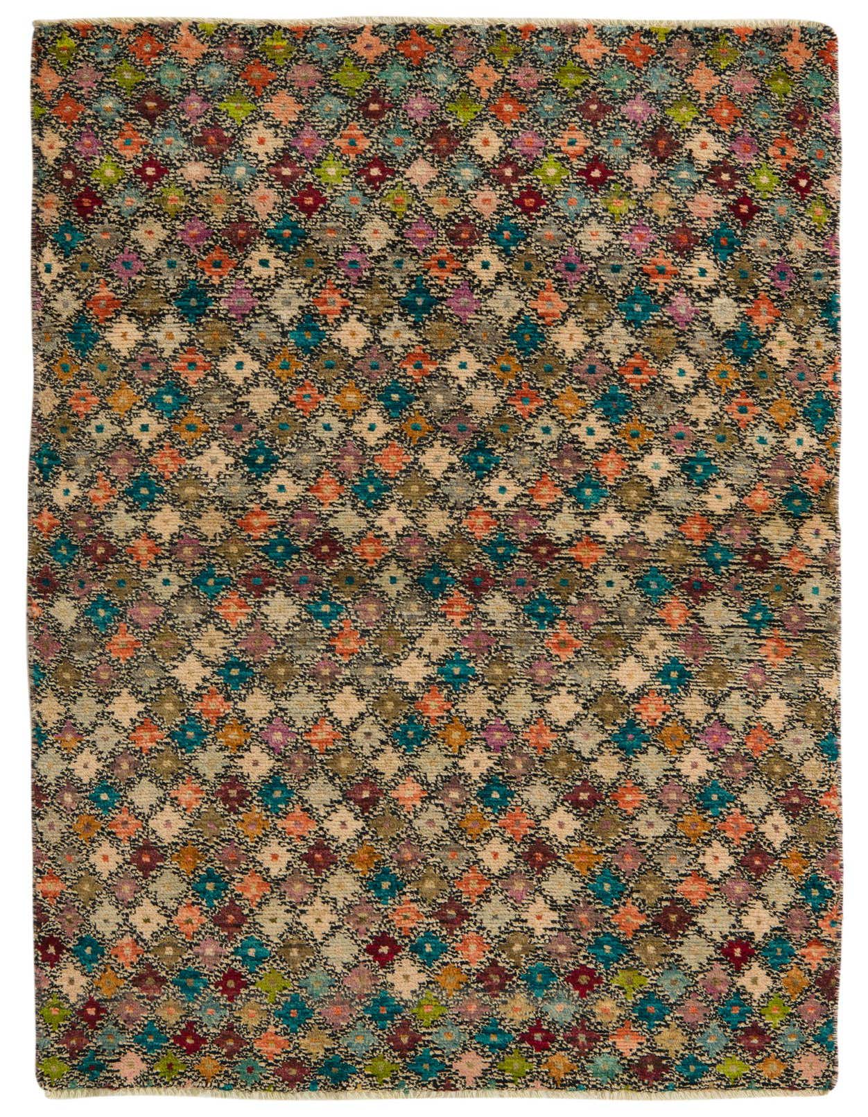 A 4x6 multi-colored rectangular wool rug with a vibrant tribal, modern, and abstract pattern.