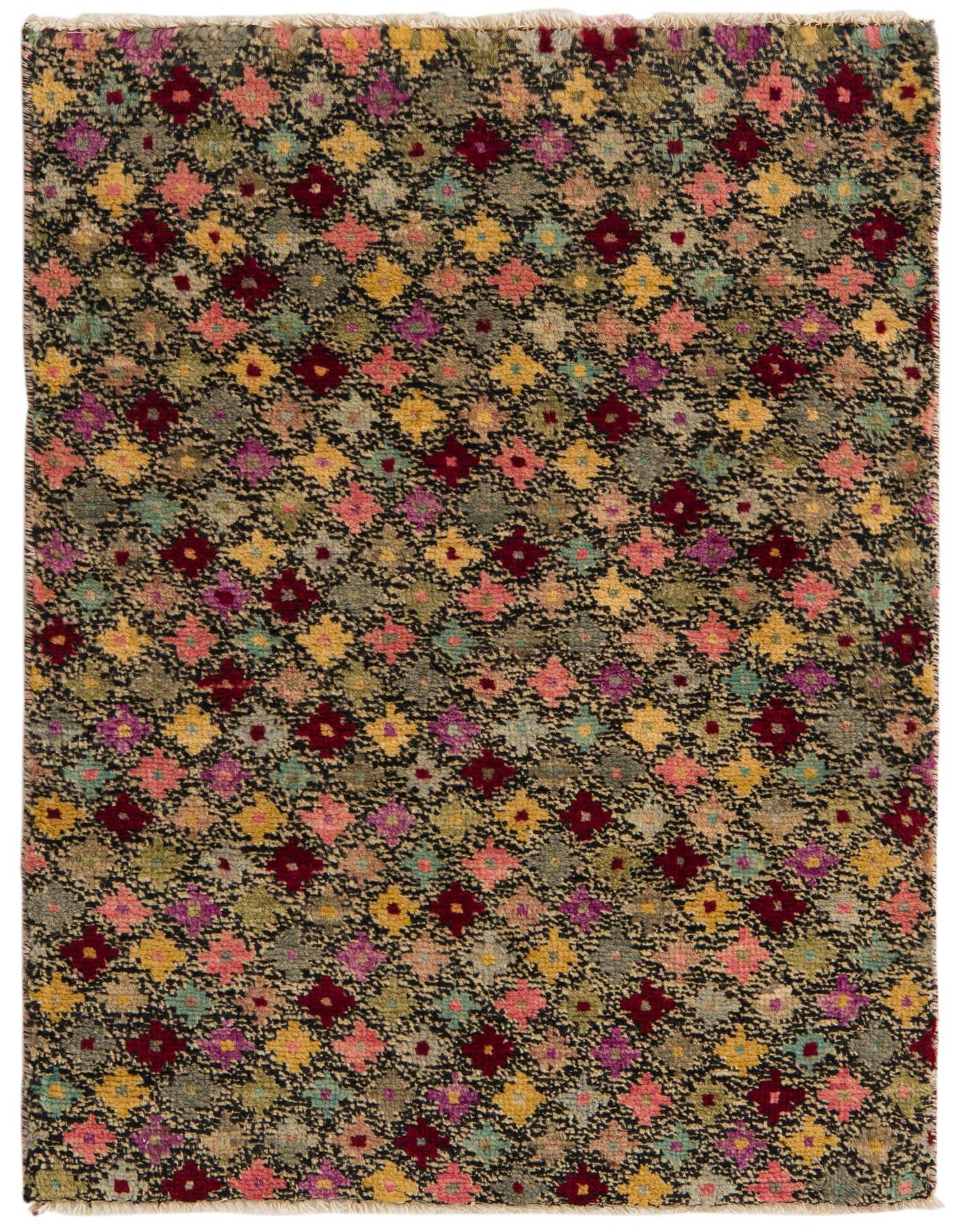 A 3x4 rectangular multi-colored wool rug with a tribal, modern, and abstract pattern featuring small, colorful diamond-like shapes on a dark background.