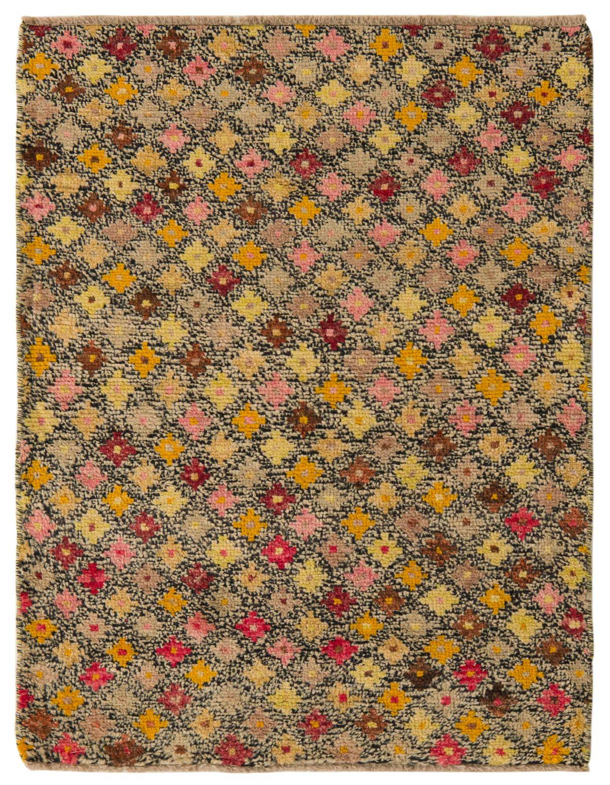 A 3x5 rectangular Balouch rug with a multi-colored tribal pattern of small floral-like shapes on a dark background.