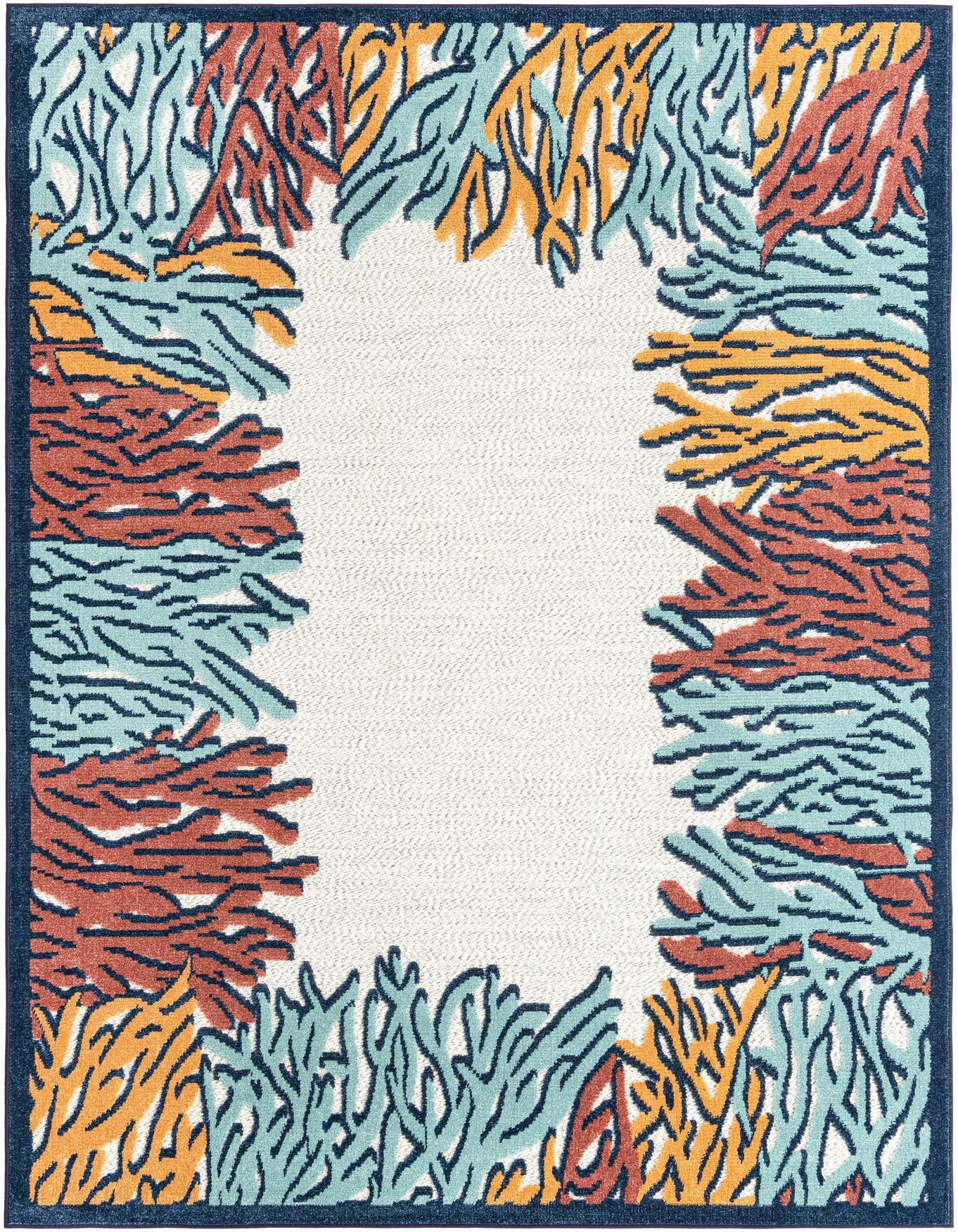 A 6x9 rectangular multi-colored rug with a vibrant coral reef pattern in orange, teal, and red, on a cream background with a navy border, suitable for indoor or outdoor use.