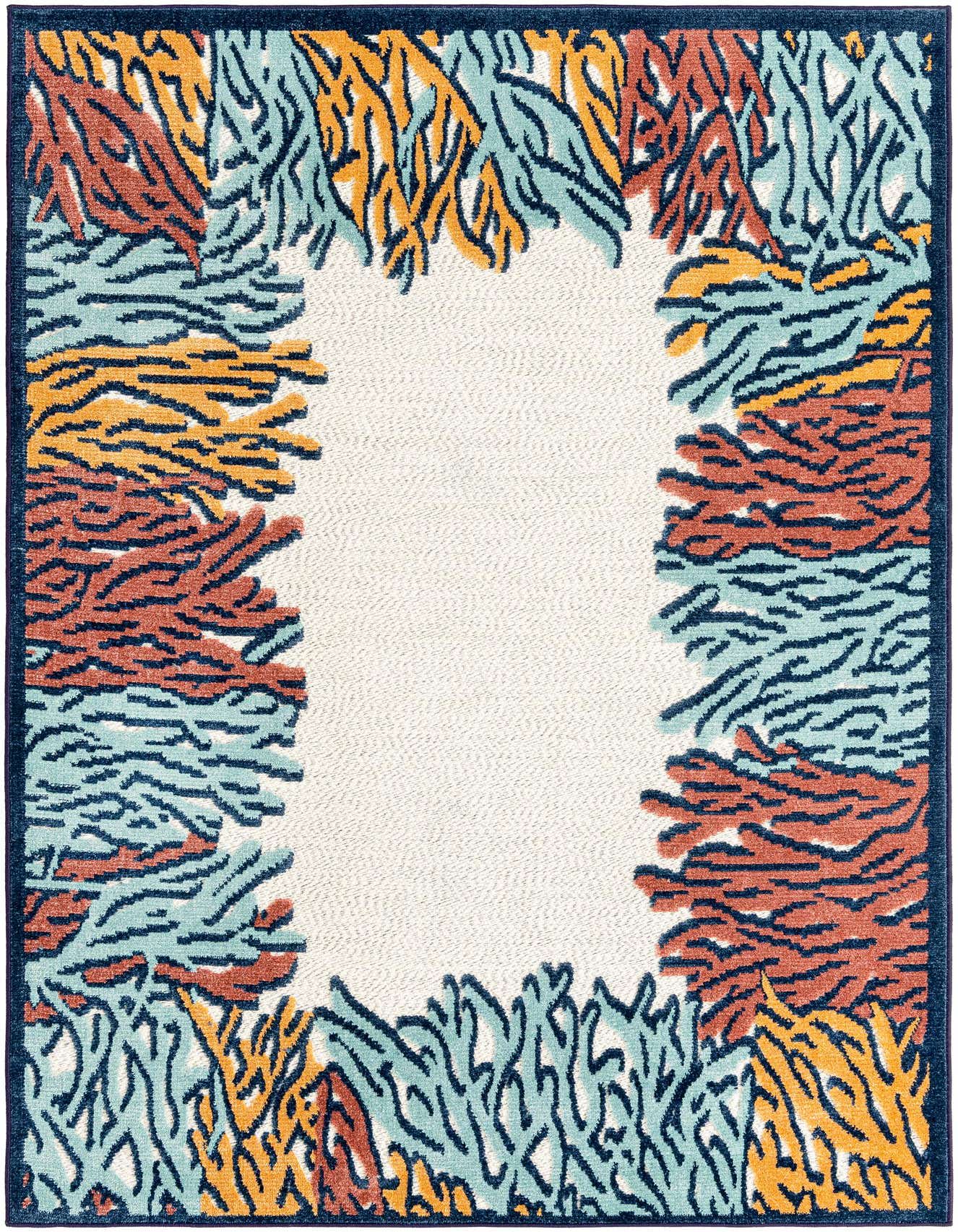 A 5x8 rectangular multi-colored coastal rug with an abstract coral reef pattern on a white background, framed by a dark blue border.
