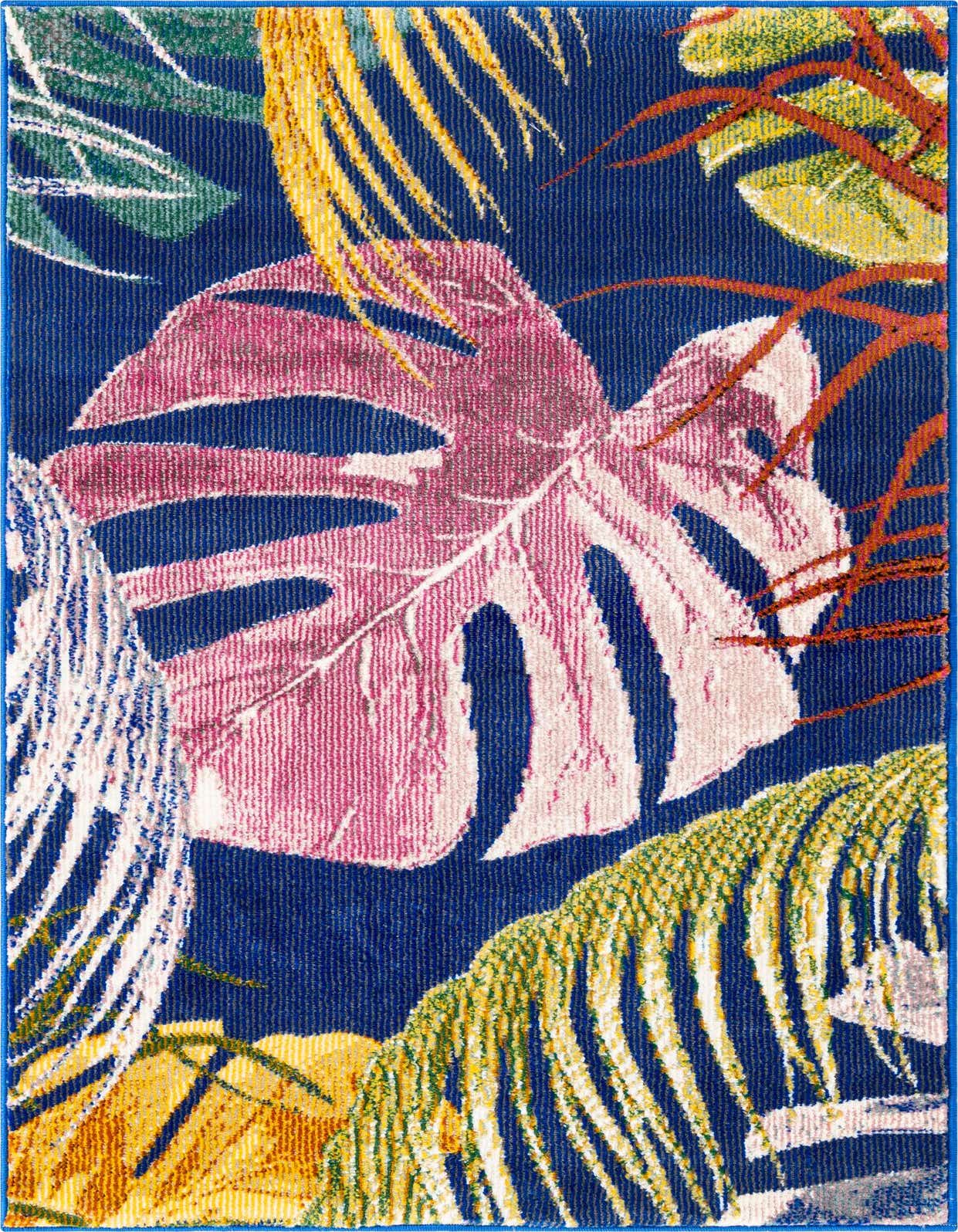 A 2x3 rectangular multi-colored rug with a vibrant floral pattern featuring large pink monstera leaves, yellow palm fronds, and other tropical foliage on a deep blue background.