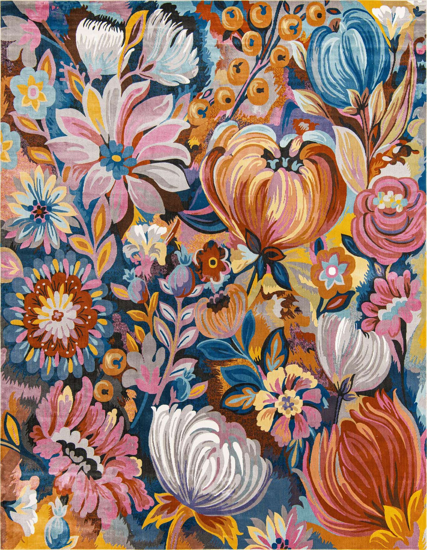 A vibrant 10x14 rectangular rug with a dense, multi-colored floral and botanical pattern, featuring large blooms in pink, orange, blue, and white on a dark background.
