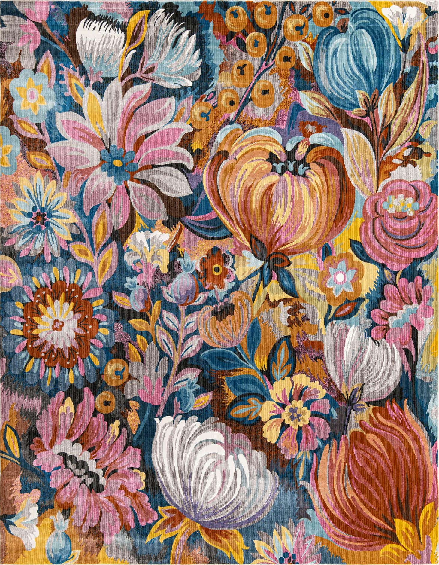 A vibrant 9x12 rectangular rug featuring an abstract tropical floral pattern in shades of pink, orange, blue, and yellow on a dark background.