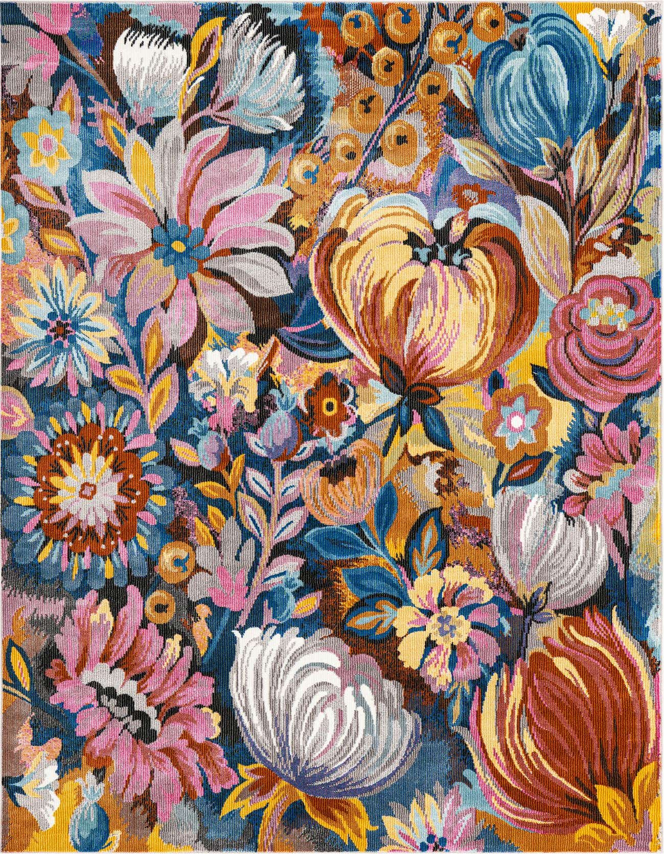 A vibrant 4x6 multi-colored rectangular rug featuring a dense modern floral and tropical pattern, ideal for a living room.