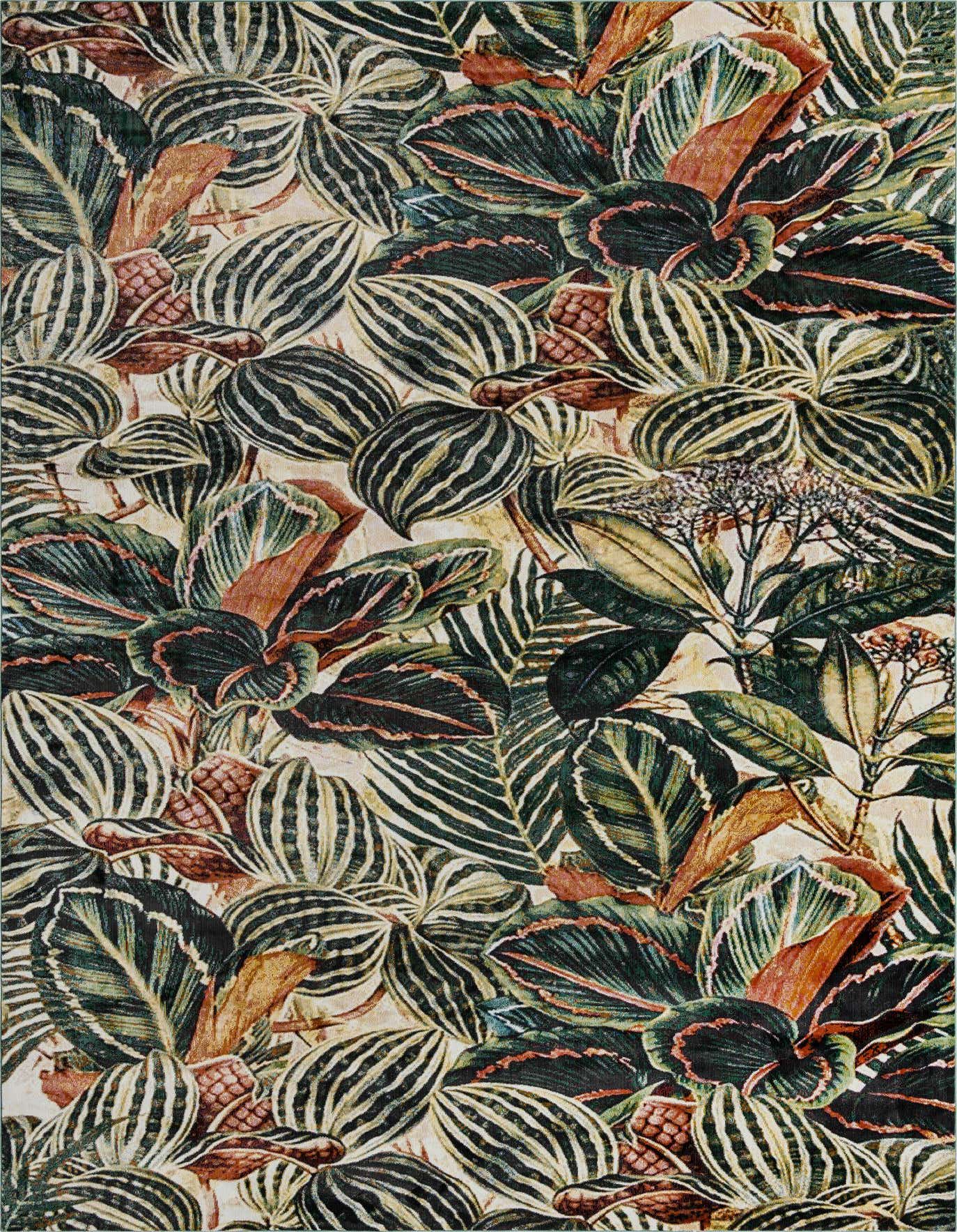 A 10x14 rectangular multi-colored botanical rug featuring large green, brown, and cream leaves with intricate patterns.