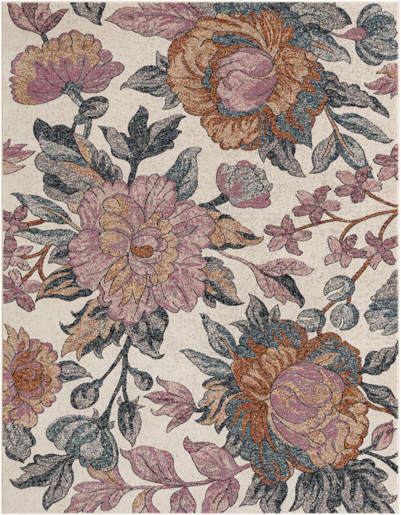 A 5x8 rectangular multi-colored floral rug with large pink, orange, and blue flowers and leaves on a light background.