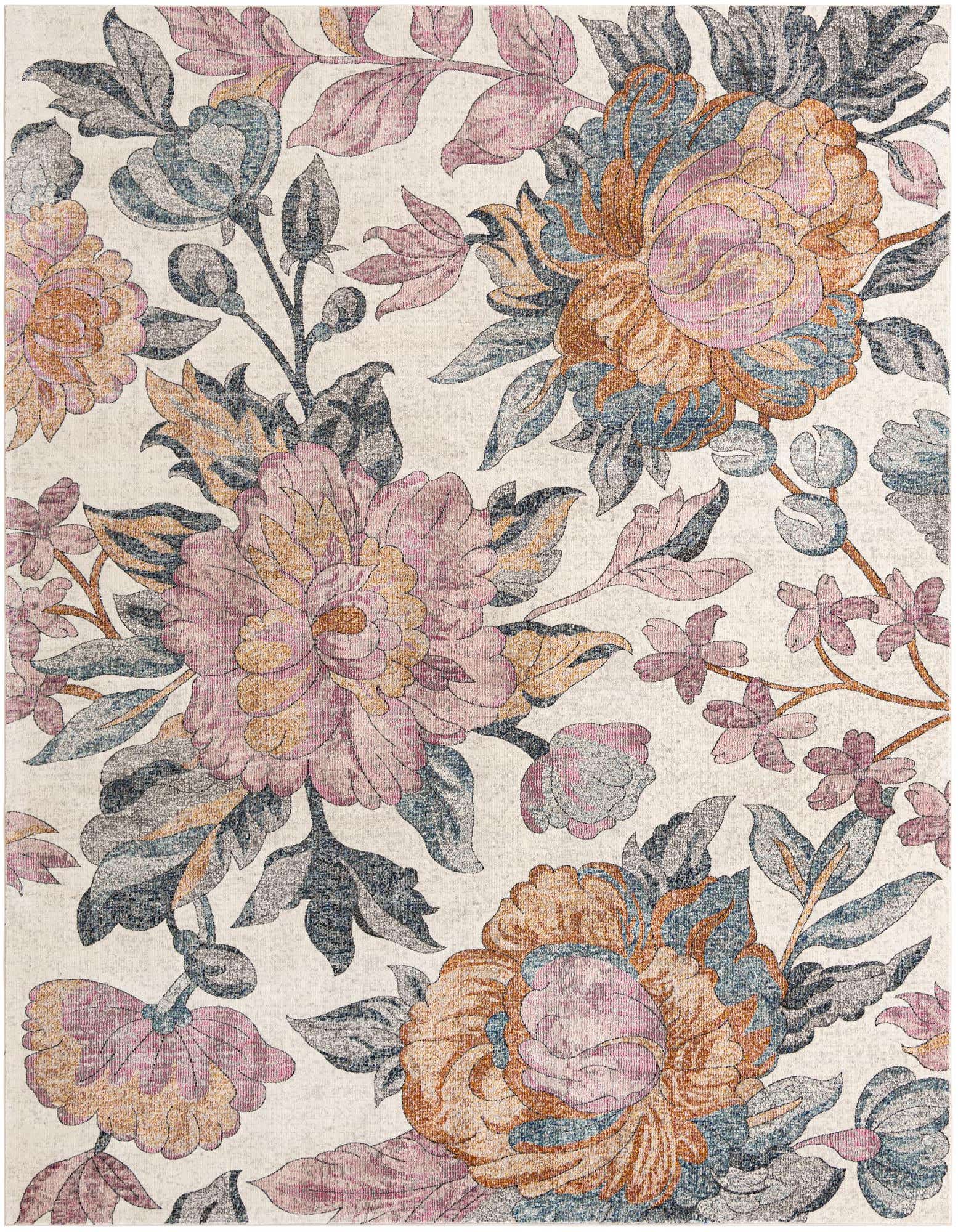 A large 8x10 rectangular multi-colored rug with an intricate floral pattern featuring pink, orange, and blue blossoms on a light background.