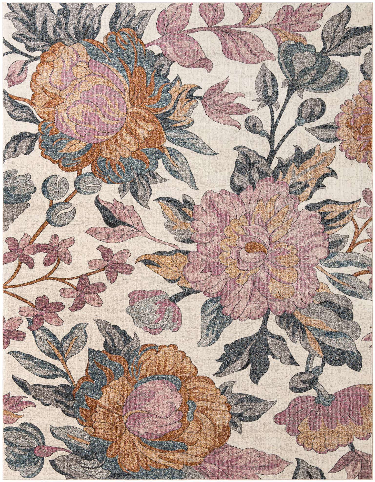 A large 9x12 rectangular area rug with an intricate floral pattern featuring pink, orange, blue, and grey blooms on a cream background.