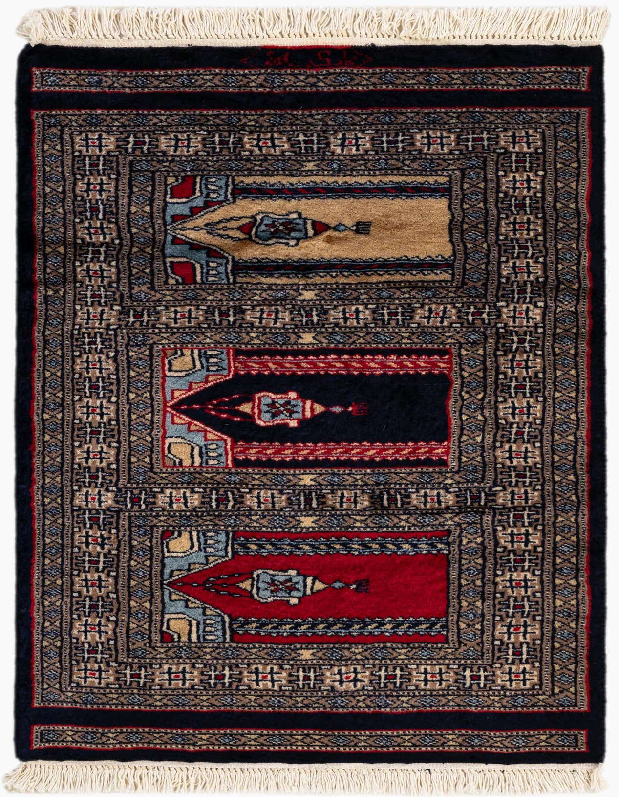 A 2x3 rectangular Bokhara rug with a multi-colored tribal pattern, featuring three distinct panels in beige, navy, and red, framed by intricate borders and white fringe.