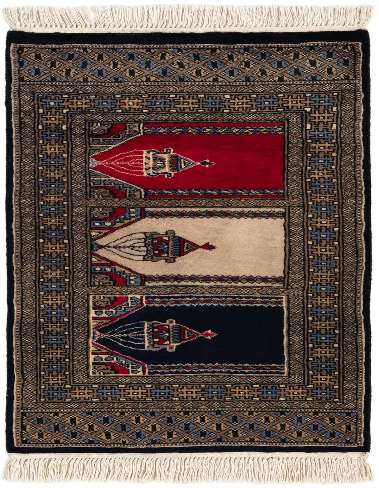 A 2x3 multi-colored rectangular Bokhara rug with tribal patterns in red, beige, and navy panels, featuring a dark border and white fringe.