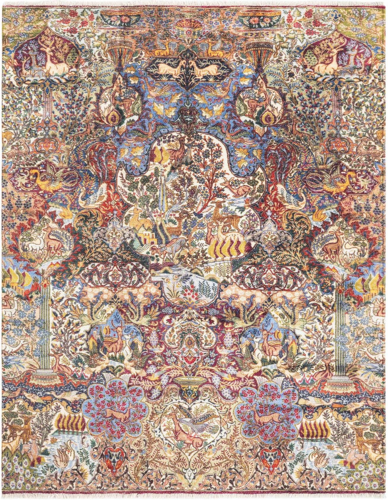 A vibrant 4x6 multi-colored rectangular chenille rug with an intricate Persian-inspired floral and animal pattern.