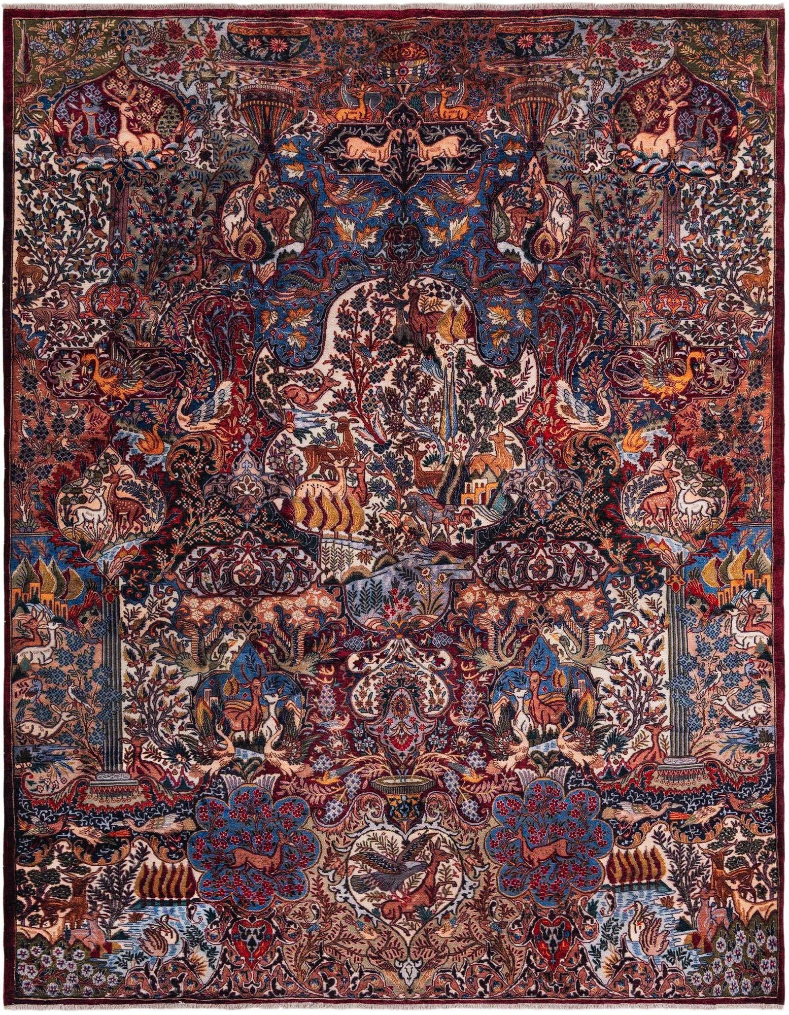 A vibrant 8x10 multi-colored rectangular rug featuring an intricate traditional Persian-style pattern with deer, birds, and floral motifs.