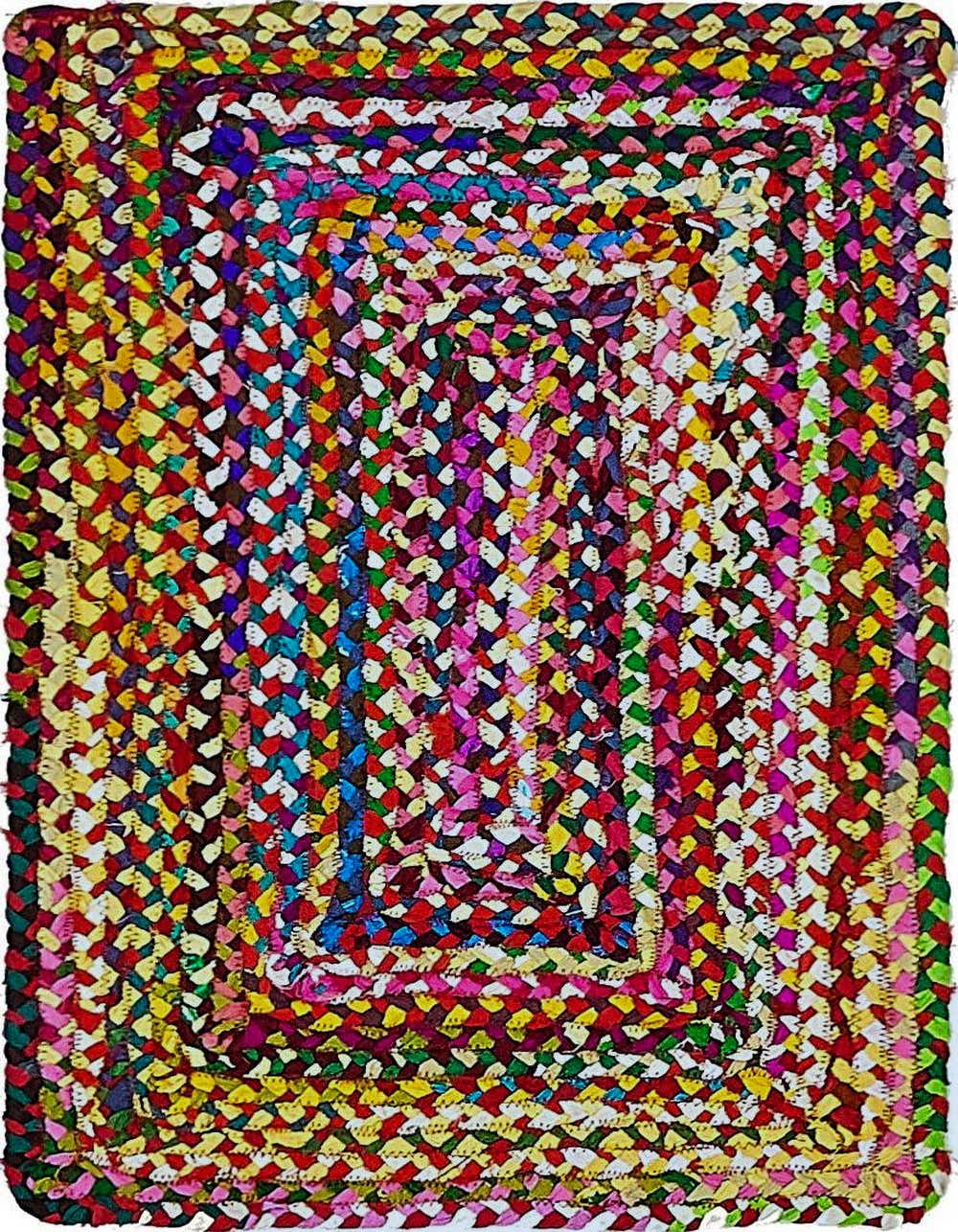 A vibrant 2x3 multi-colored braided cotton rug with a rectangular shape, featuring a mix of red, yellow, blue, green, and pink hues.