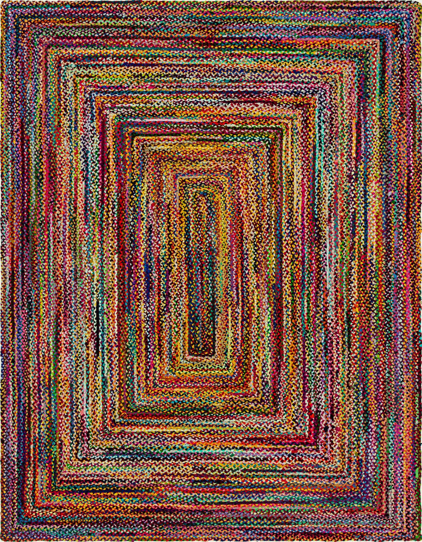 A 10x14 rectangular multi-colored braided chindi rug with a modern stripe pattern, made from recycled cotton.