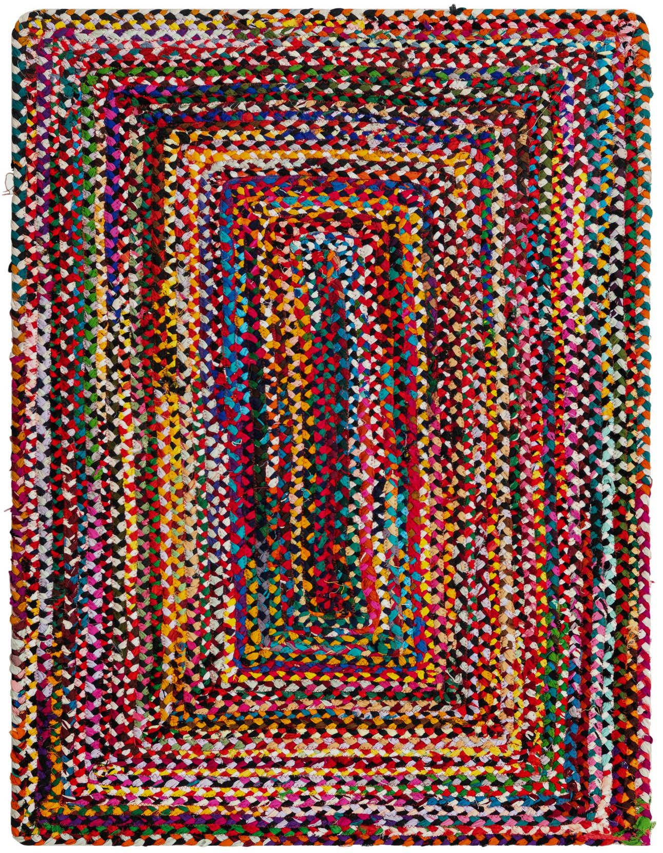 A vibrant 3x5 multi-colored rectangular braided chindi rug with a modern stripe pattern, made from recycled cotton.