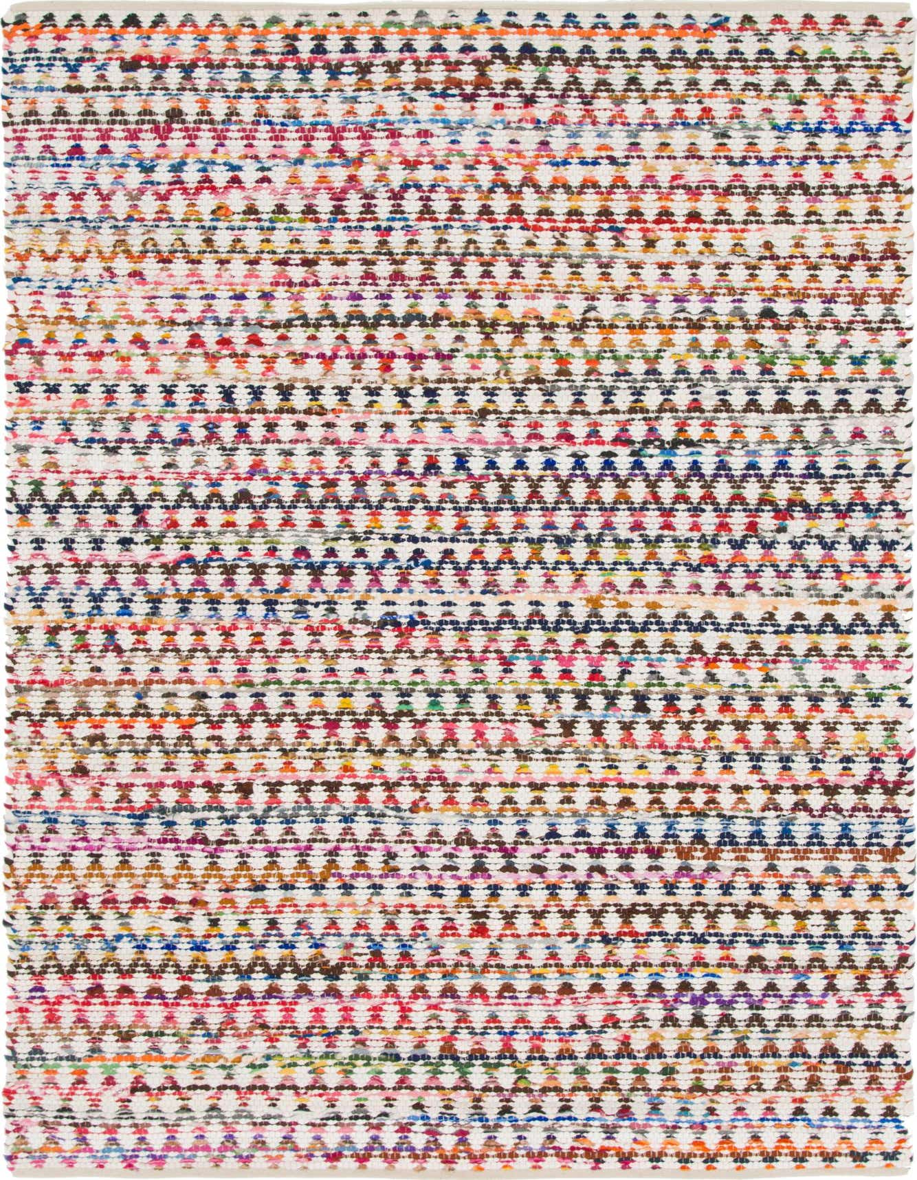 A 6x9 multi-colored rectangular Braided Chindi rug with an eclectic trellis pattern, ideal for a living room.