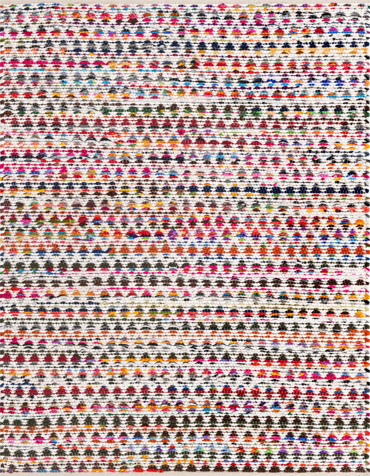 A 5x8 rectangular, multi-colored Braided Chindi rug with a textured, eclectic pattern, suitable for a living room.