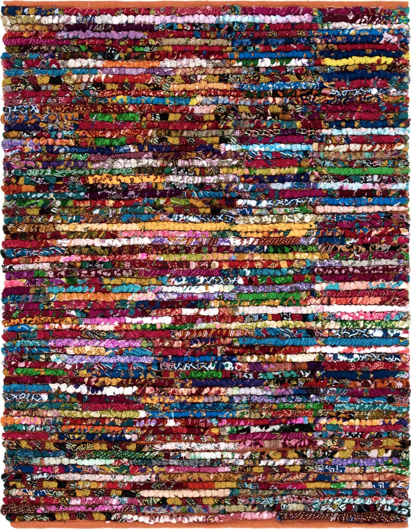 A 4x6 multi-colored braided chindi rug, handmade from recycled cotton, featuring vibrant stripes and a textured pile, perfect for an eclectic living room.