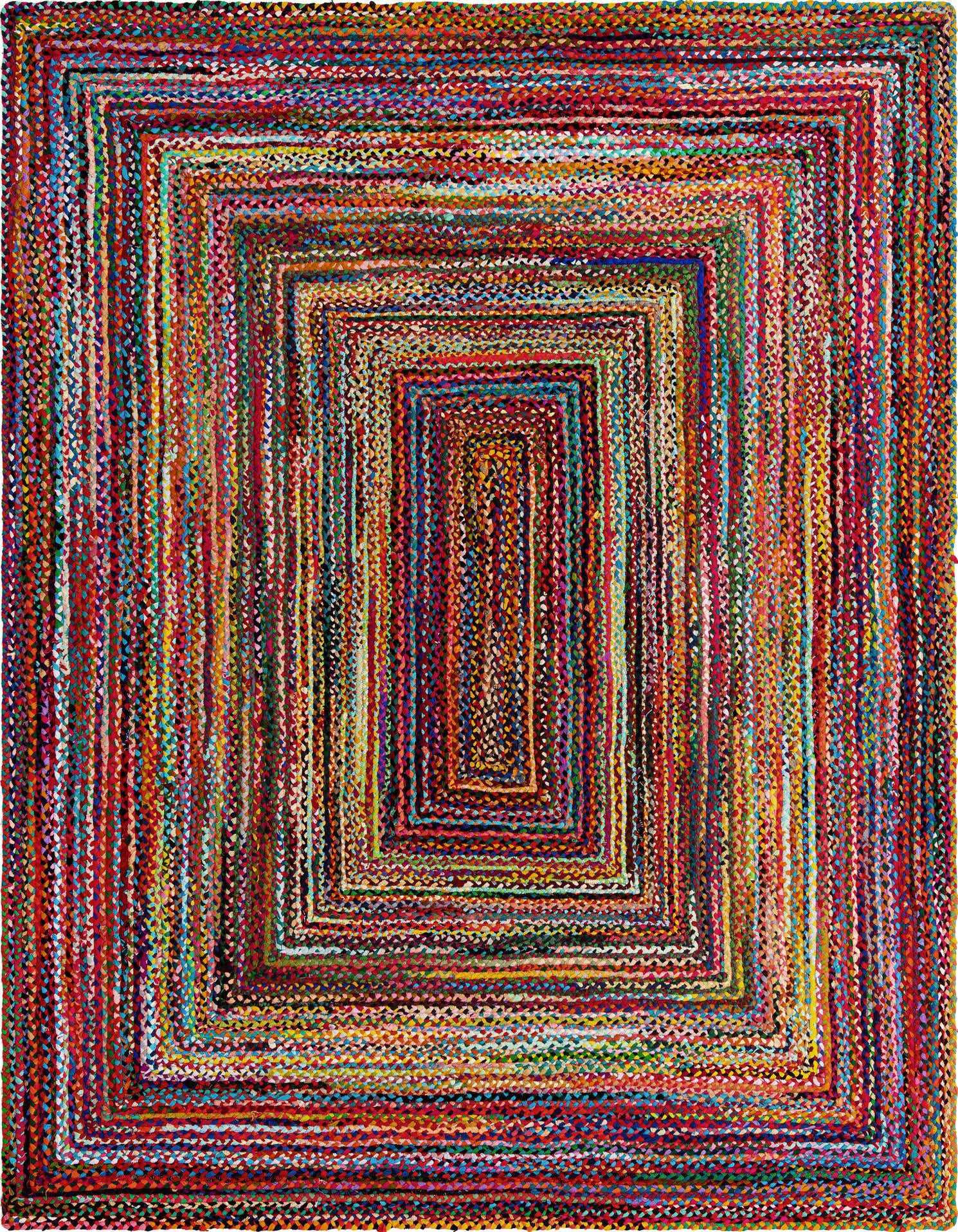 A 10x13 multi-colored braided cotton rug with a rectangular concentric pattern, ideal for a living room.