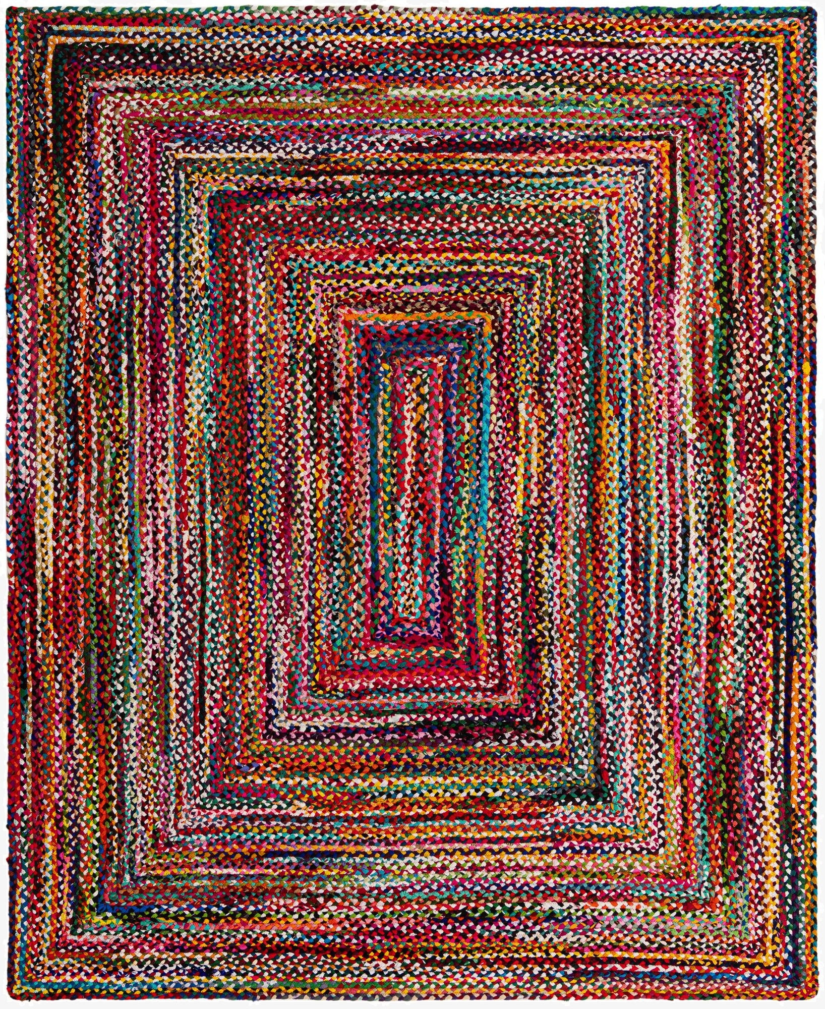 A vibrant 8x10 multi-colored braided cotton rug with a rectangular concentric pattern, ideal for a living room.