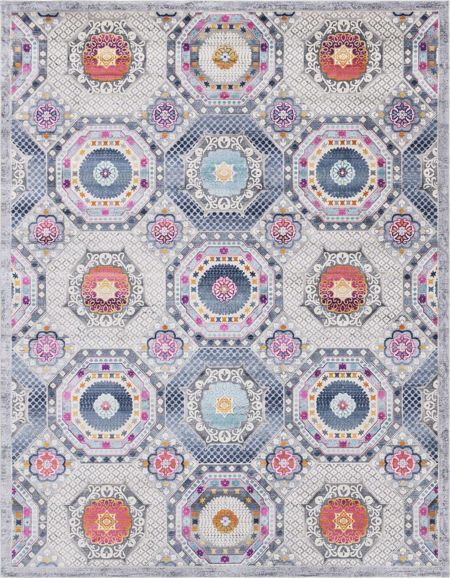 A 9x12 multi-colored rectangular Bohemian rug with a textured, high pile, featuring an eclectic pattern of octagons and floral medallions in shades of pink, blue, orange, and purple on a gray background.