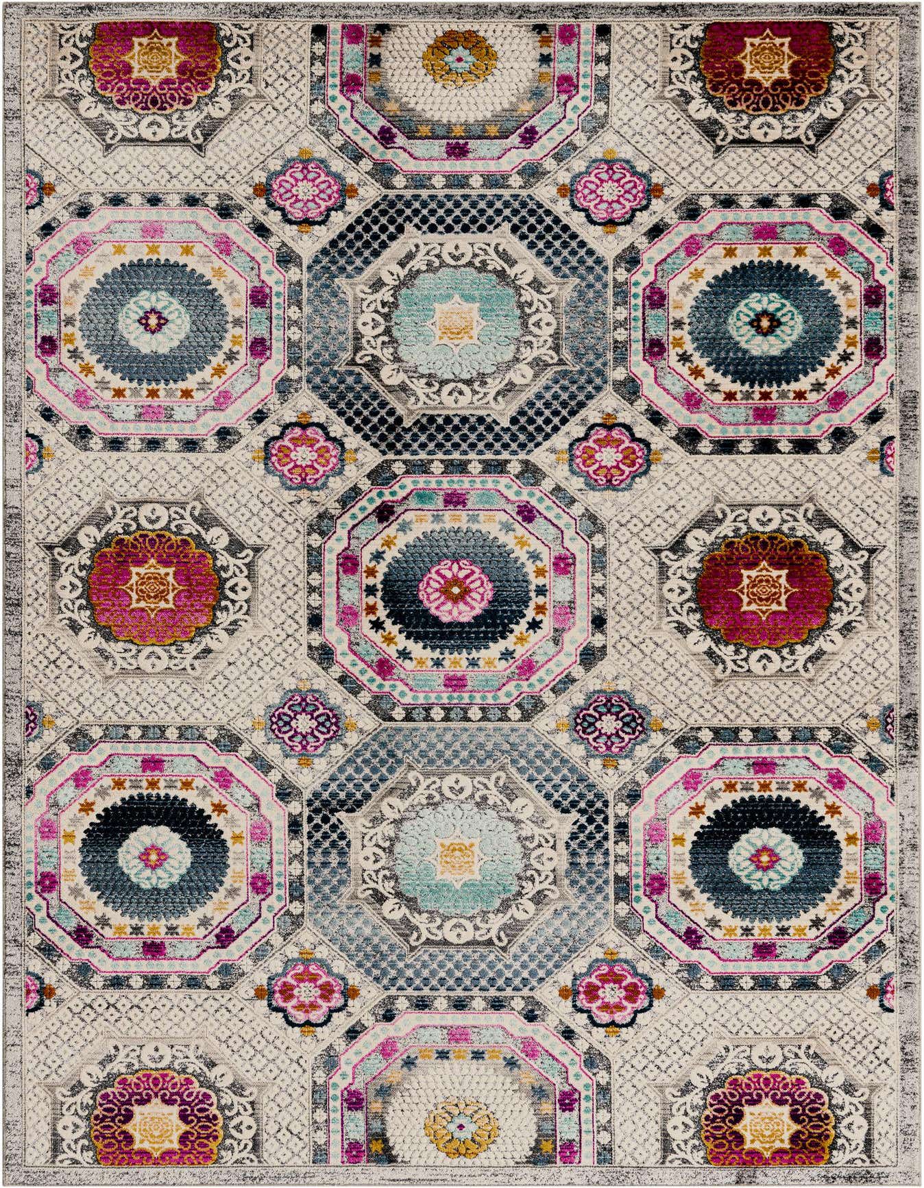 A 5x8 rectangular multi-colored Bohemian rug featuring a vibrant mosaic of octagonal and floral patterns on a light background.