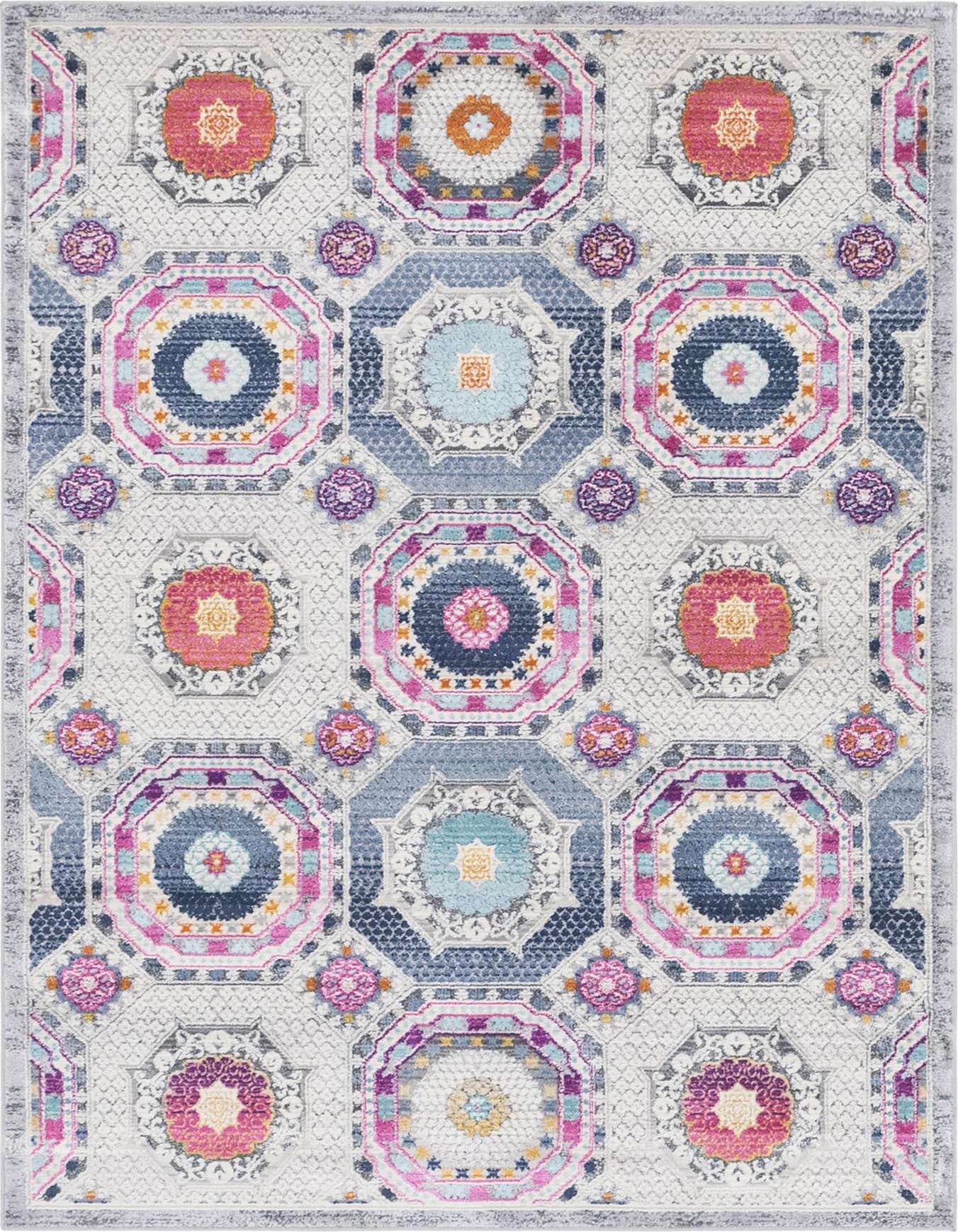A 4x6 multi-colored rectangular rug with a vibrant bohemian pattern featuring floral medallions in pink, blue, orange, and purple.
