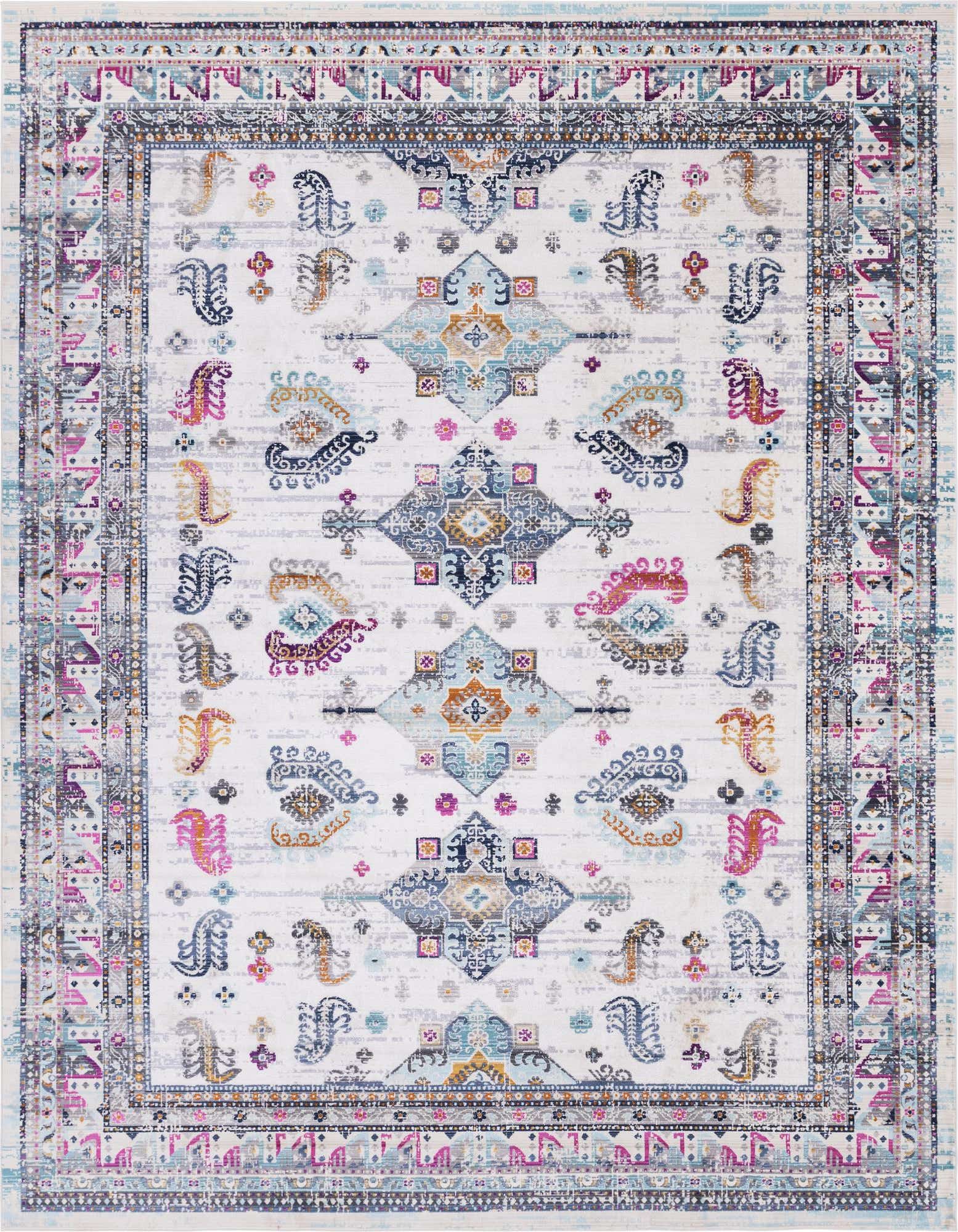 A 9x12 multi-colored rectangular Bohemian rug with a distressed floral and tribal pattern, featuring shades of blue, pink, orange, and purple on a light background, ideal for a living room.