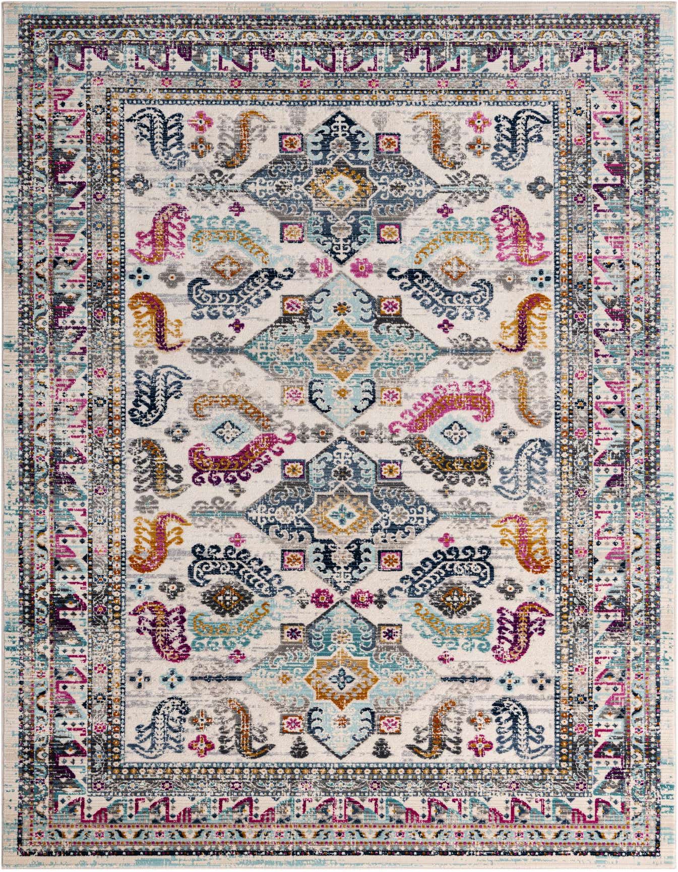 A 5x8 rectangular multi-colored Bohemian rug with a distressed floral and geometric pattern, ideal for a living room.
