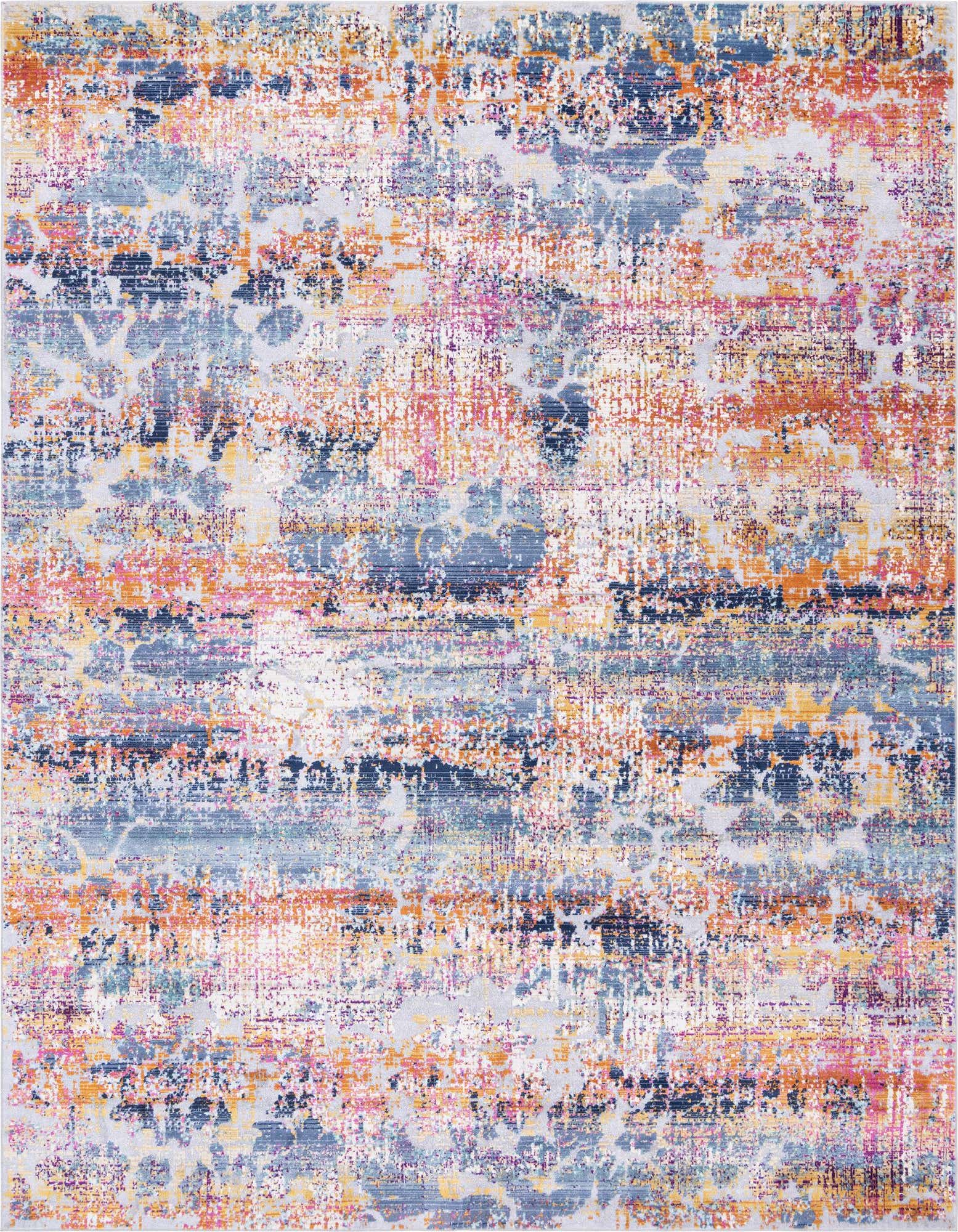 A vibrant 8x10 rectangular multi-colored Bohemian rug with an abstract, distressed medallion pattern in shades of blue, orange, pink, and yellow.