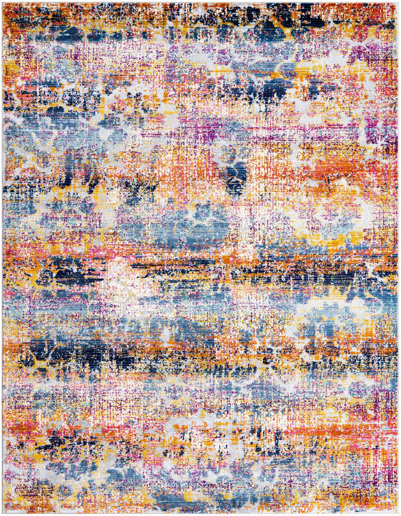A 5x8 rectangular multi-colored Bohemian rug with a distressed, abstract pattern in shades of orange, blue, pink, and yellow, perfect for a living room.