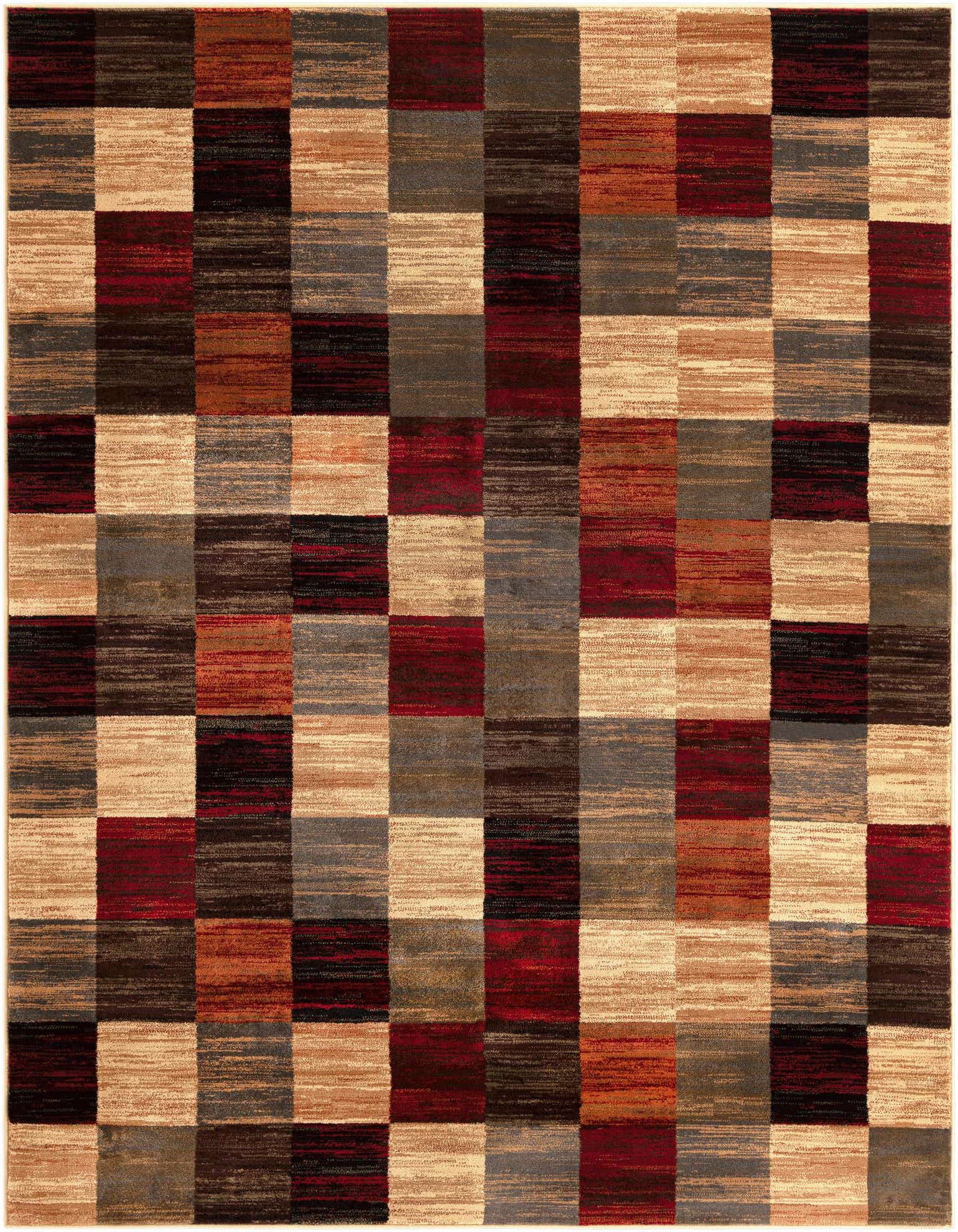 A rectangular 8x10 multi-colored area rug featuring an eclectic, modern checkerboard pattern with shades of red, brown, black, grey, and beige.