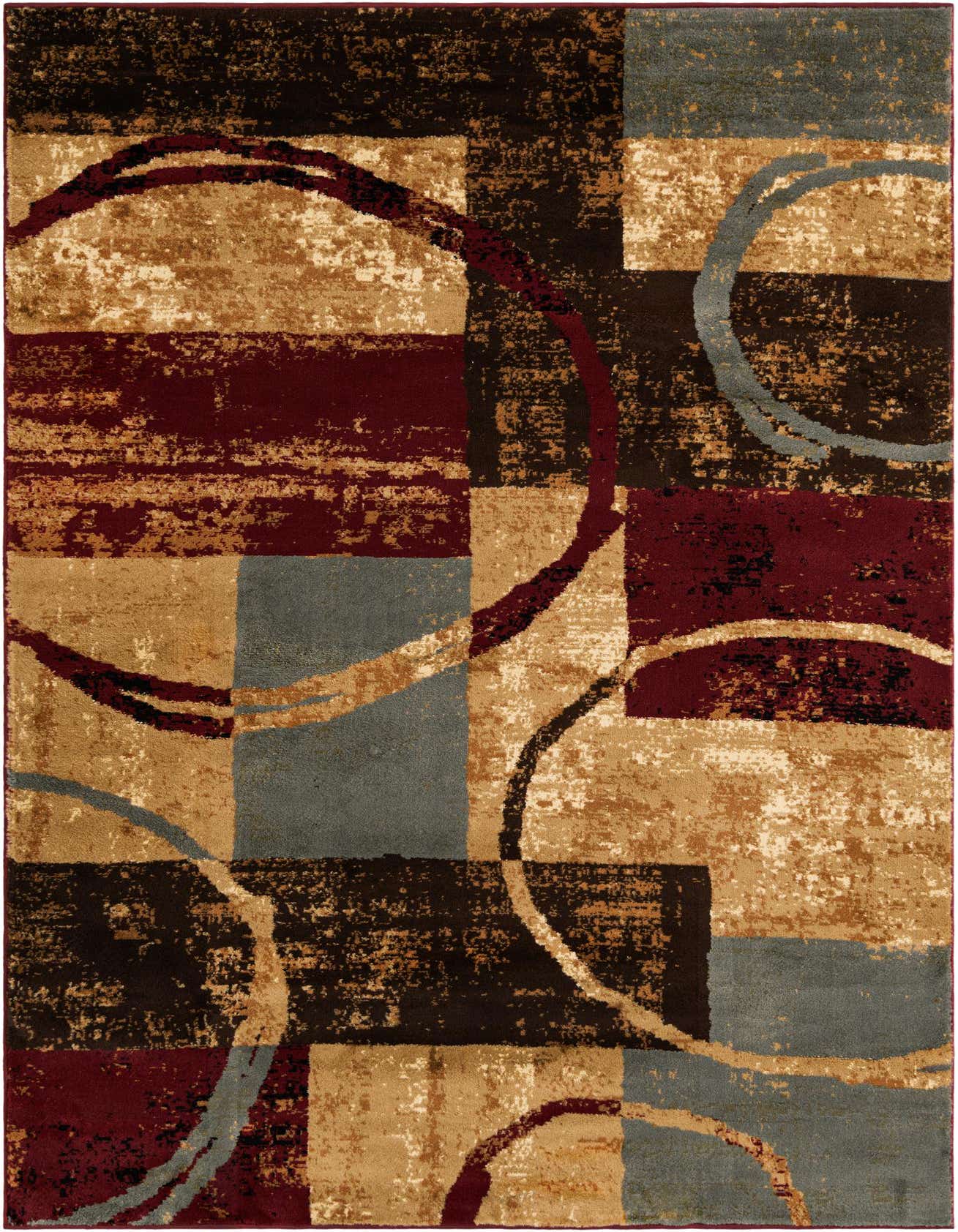 A 5x8 multi-colored rectangular rug with an abstract pattern of blocks and curved lines in shades of brown, beige, maroon, and blue-gray.
