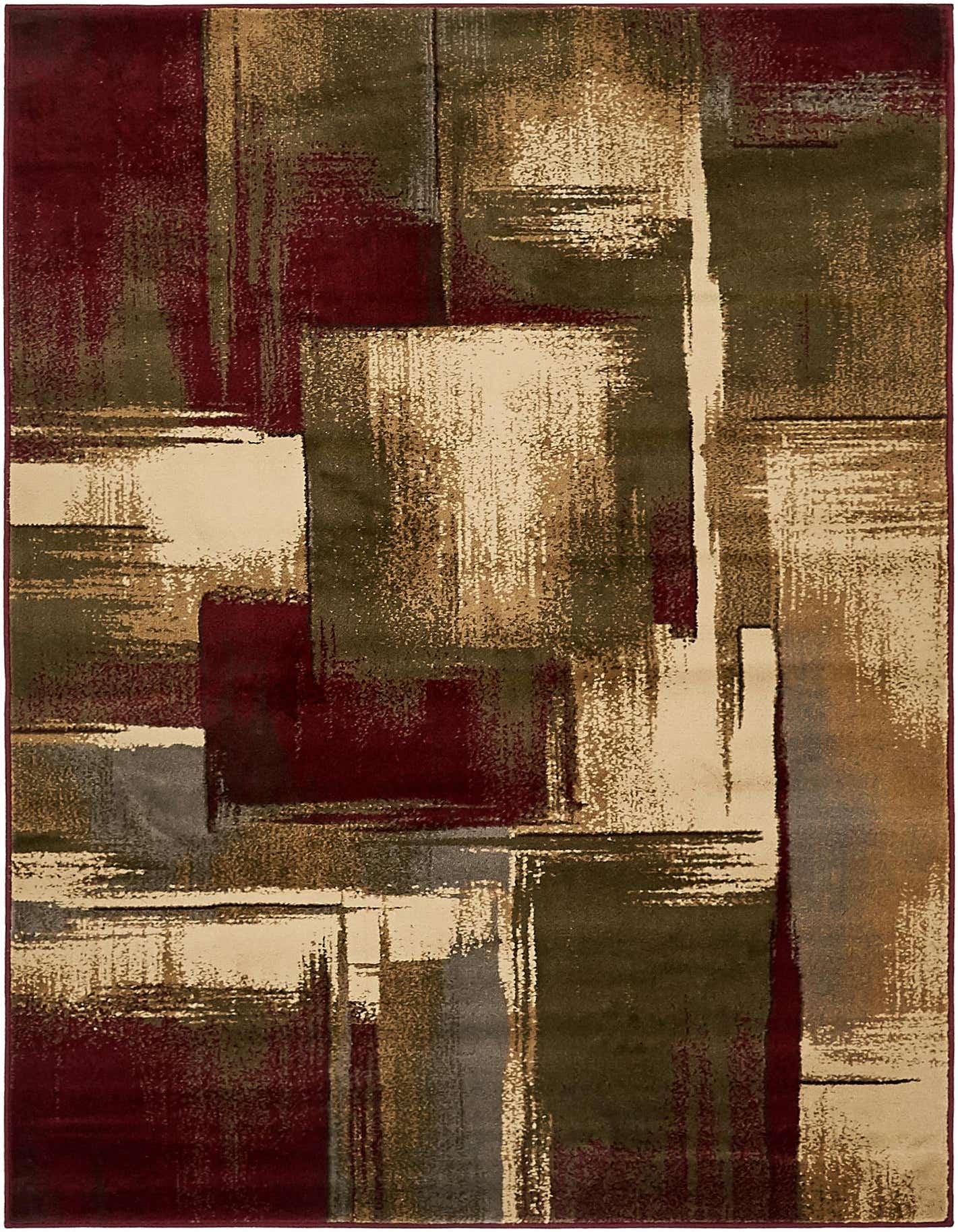 A 4x6 rectangular area rug featuring an abstract, multi-colored design with brushstroke patterns in shades of red, olive green, beige, and grey.