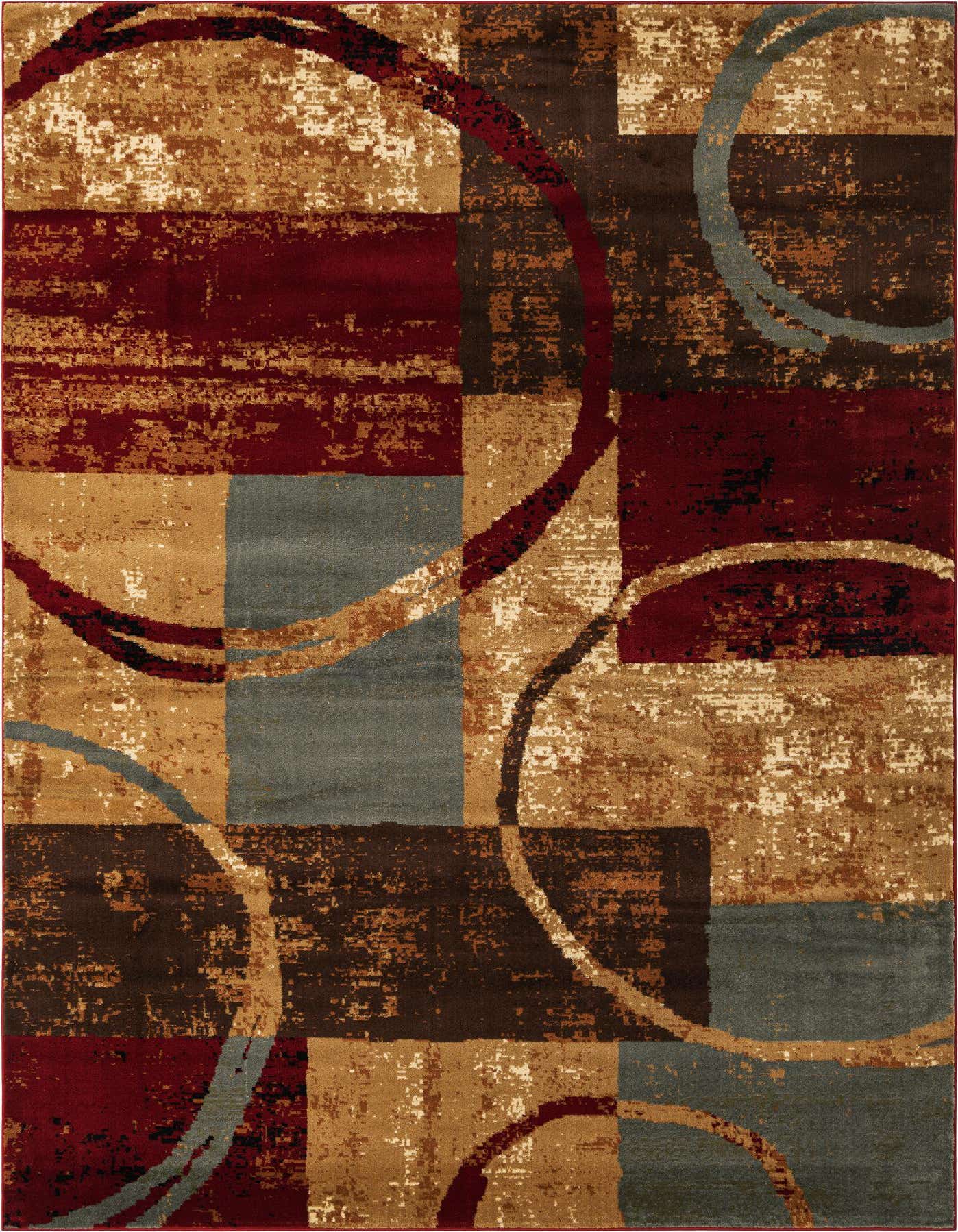An 8x11 rectangular multi-colored rug with an abstract pattern of blocks in red, brown, tan, and blue-gray, overlaid with large, sweeping circular lines.