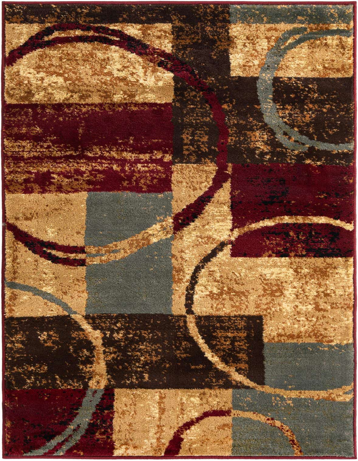 A 3x5 rectangular multi-colored rug with an abstract pattern of blocks in gold, maroon, brown, and teal, overlaid with swirling lines.