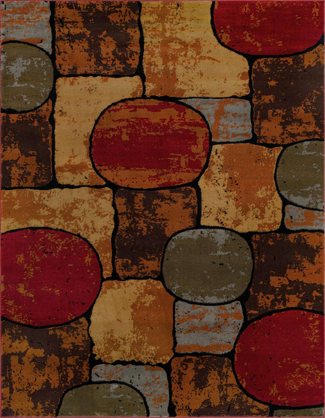 A 6x9 rectangular multi-colored modern abstract rug with a pattern of large, irregular blocks and circles in shades of red, orange, brown, and grey, outlined in black.
