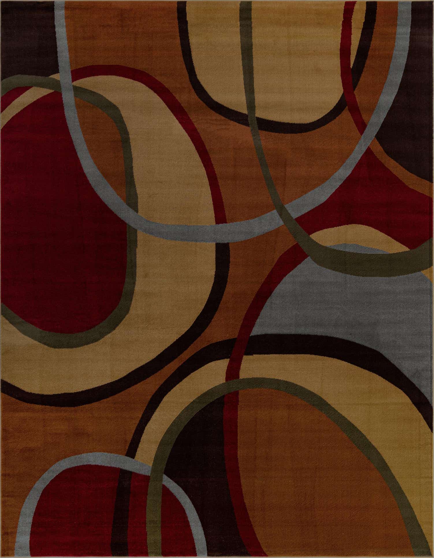 A 9x12 rectangular modern abstract rug with swirling shapes in shades of red, brown, tan, gray, and dark green.