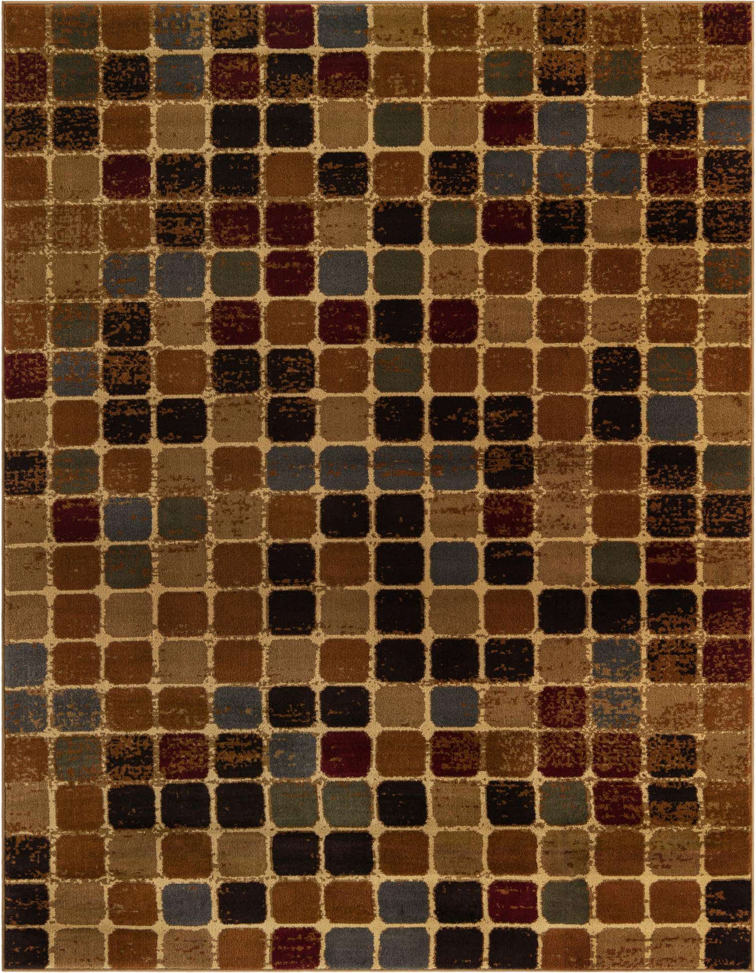 A 10x14 rectangular multi-colored modern area rug featuring a grid of distressed squares in shades of brown, black, maroon, and blue.